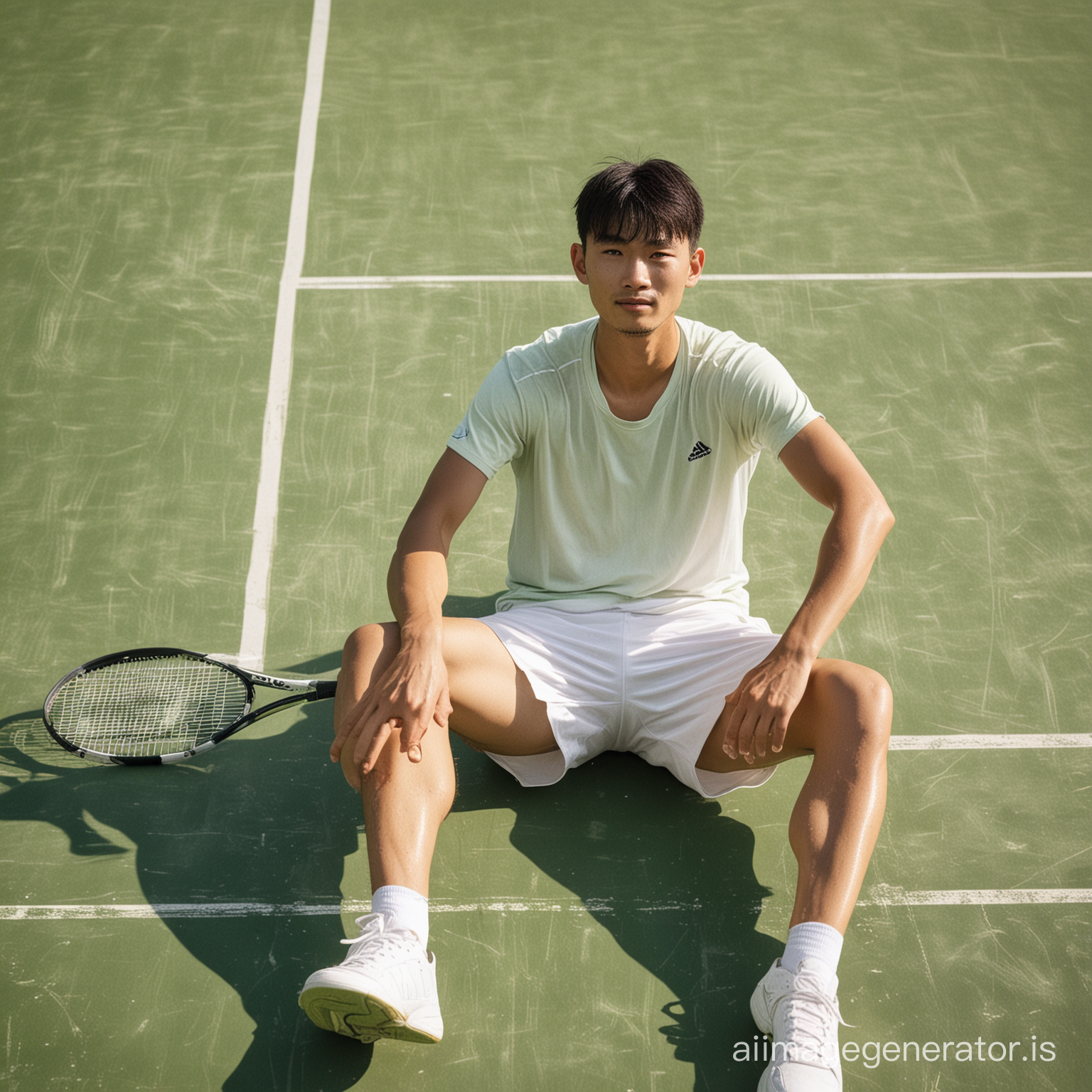 A 22-year-old Chinese man sits on the tennis court, his clothes drenched in sweat, barefoot, with a tennis racket lying on the ground, bathed in sunlight, on the green court, against a bright background