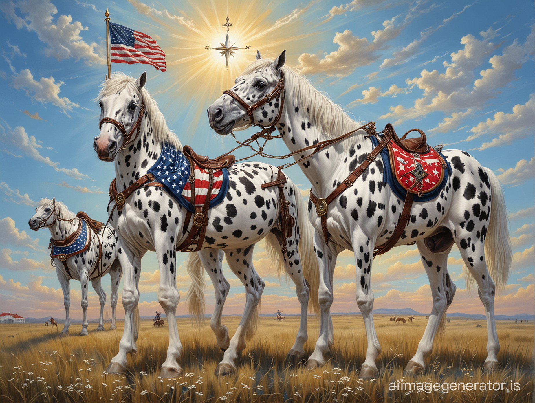 dalmatian knabstrupper horses with Star-Spangled Banner  compass sun blue sky
