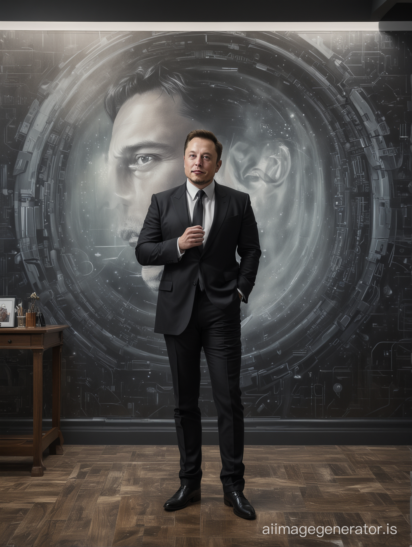 A highly realistic mural capturing Elon Musk in an elegant, dimly lit study, in mid-conversation, with the ambiance of the room reflecting a sense of future possibilities, hyper realistic, ultra realistic details, full body, standing