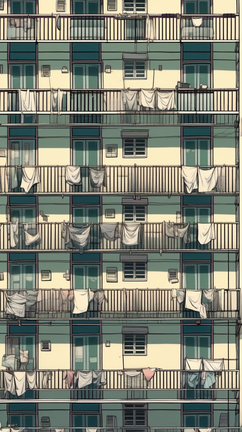 The balconies with swaying laundry on each balcony at the apartment building balconies in sleezy neghbourhood, Air condition boxes on every balconies, beautiful summer, anime, ghibli studio style, trending pixiv fansbox, acryluc palette colors, ultra highly detailed form and line, wire and pole, codex_401 art style