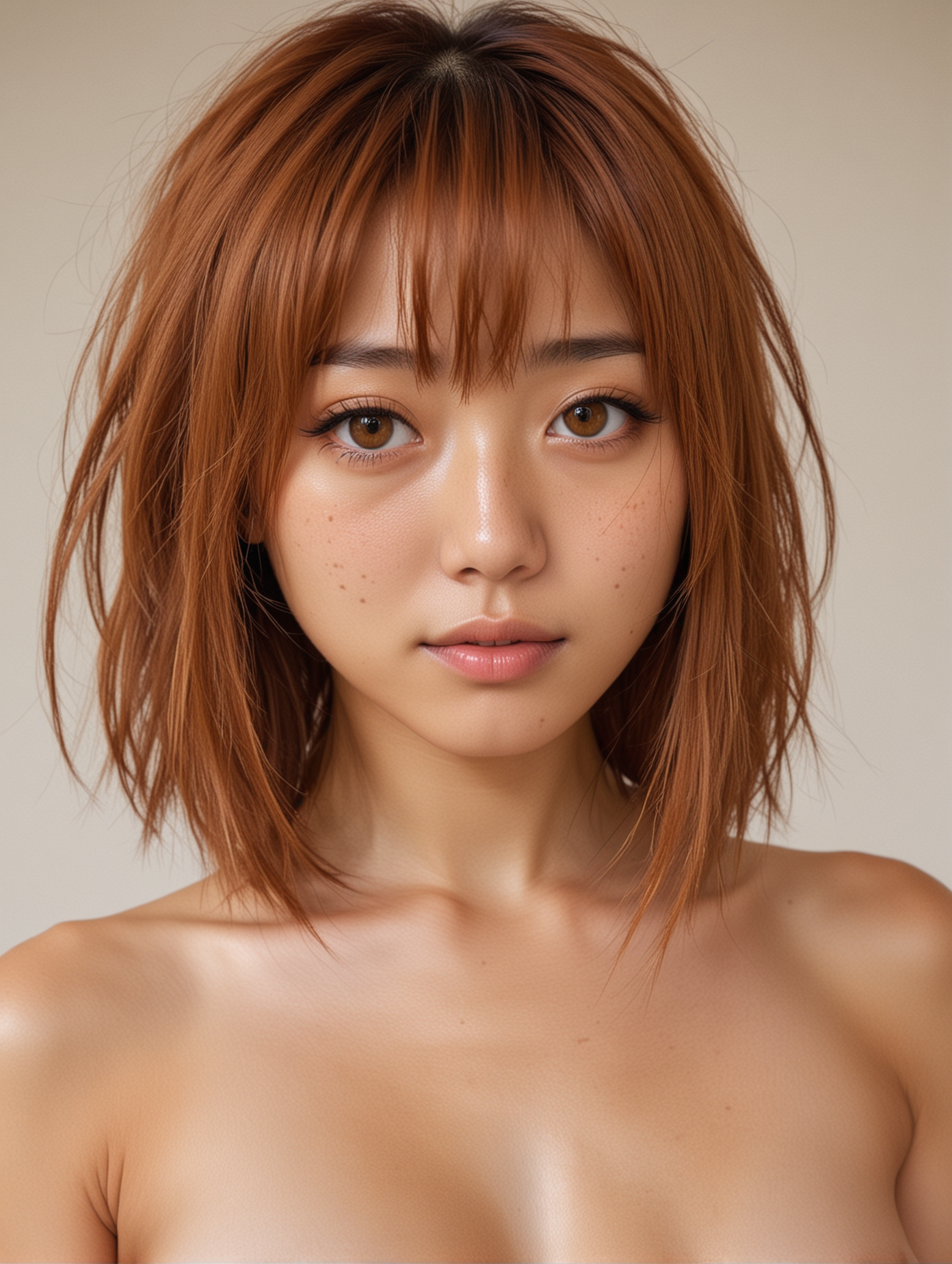 japanese girl with caramel-colored medium length hair, freckles and huge amber eyes. Nude topless