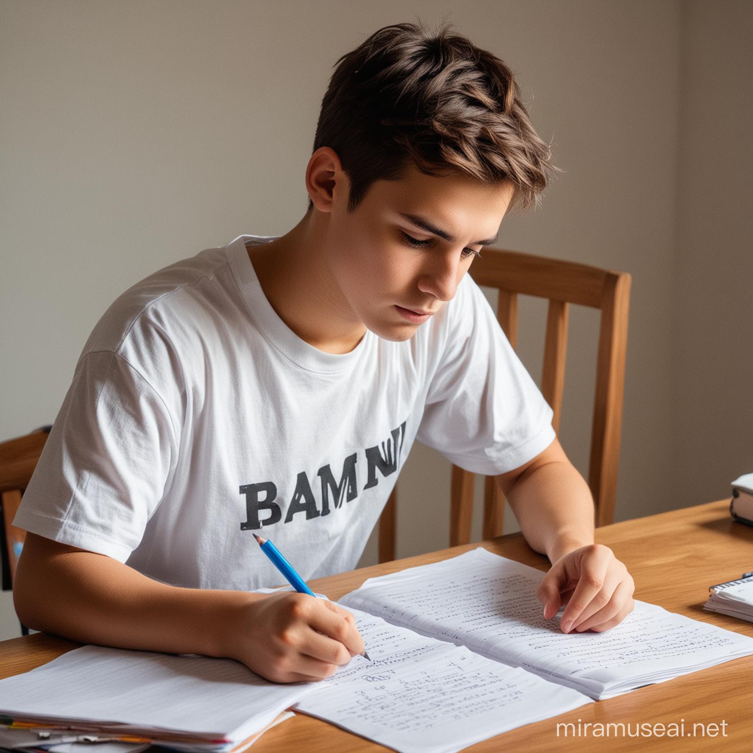A boy studying hardly, memories notes for the exam, wearing a T-shirt.