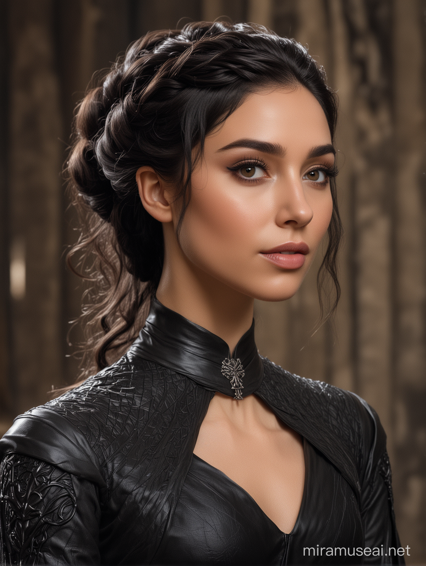 Valyrian woman, black valyrian style hair, cured skin, black valyrian style dress 