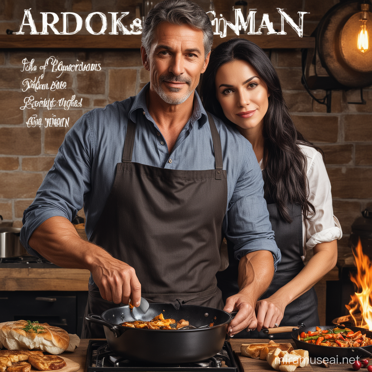 обложка книги Красивый мужчина зрелый брюнет брутальный и красивая женщина с черными волосами, ресторан, готовят еду, сковорода с огнем