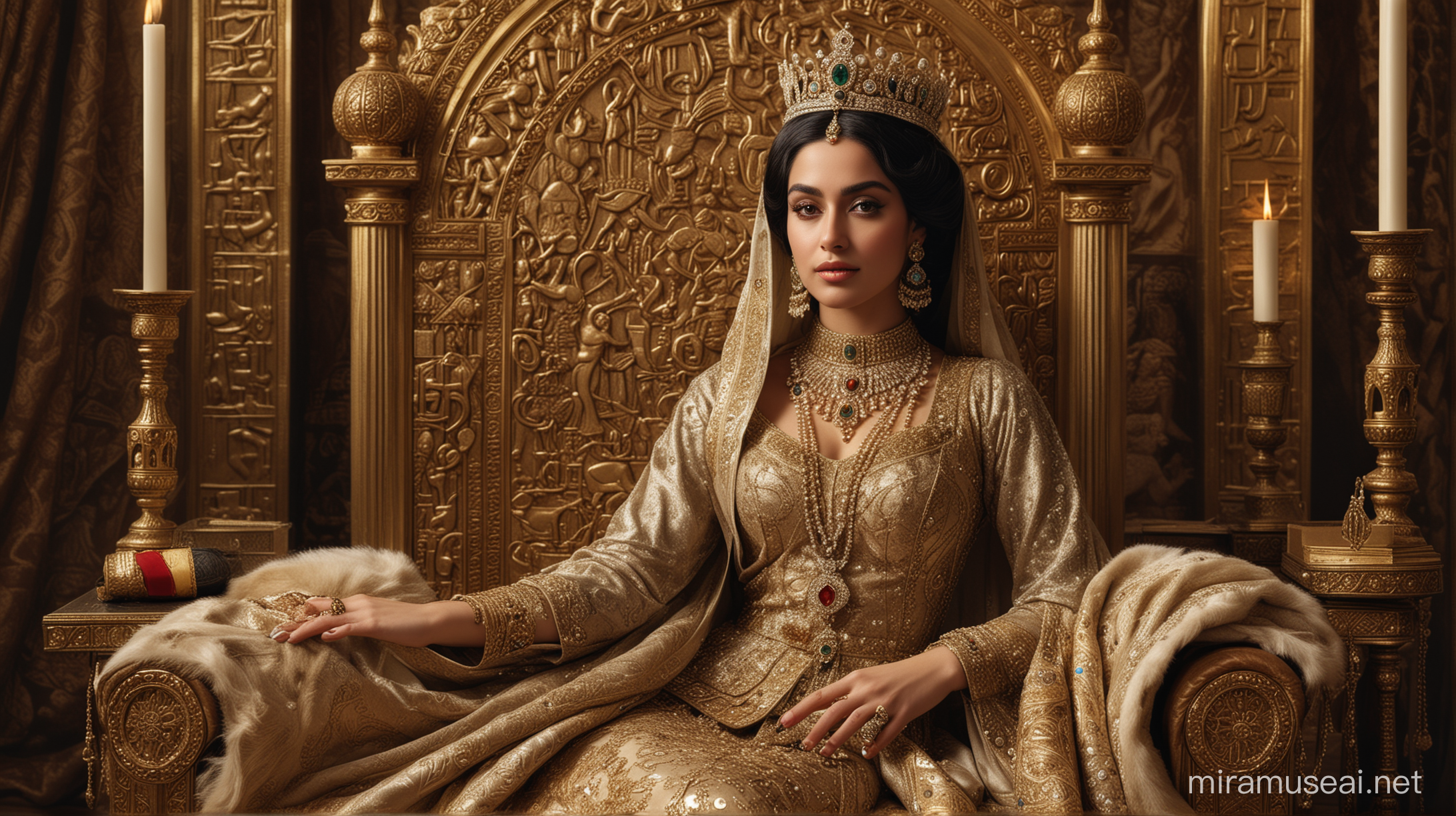 Create an evocative image capturing the regal presence of Queen Bilqis, adorned in opulent attire, sitting upon her throne with an aura of wisdom and power. Surround her with symbols of her kingdom's prosperity and the mystique of her legendary reign