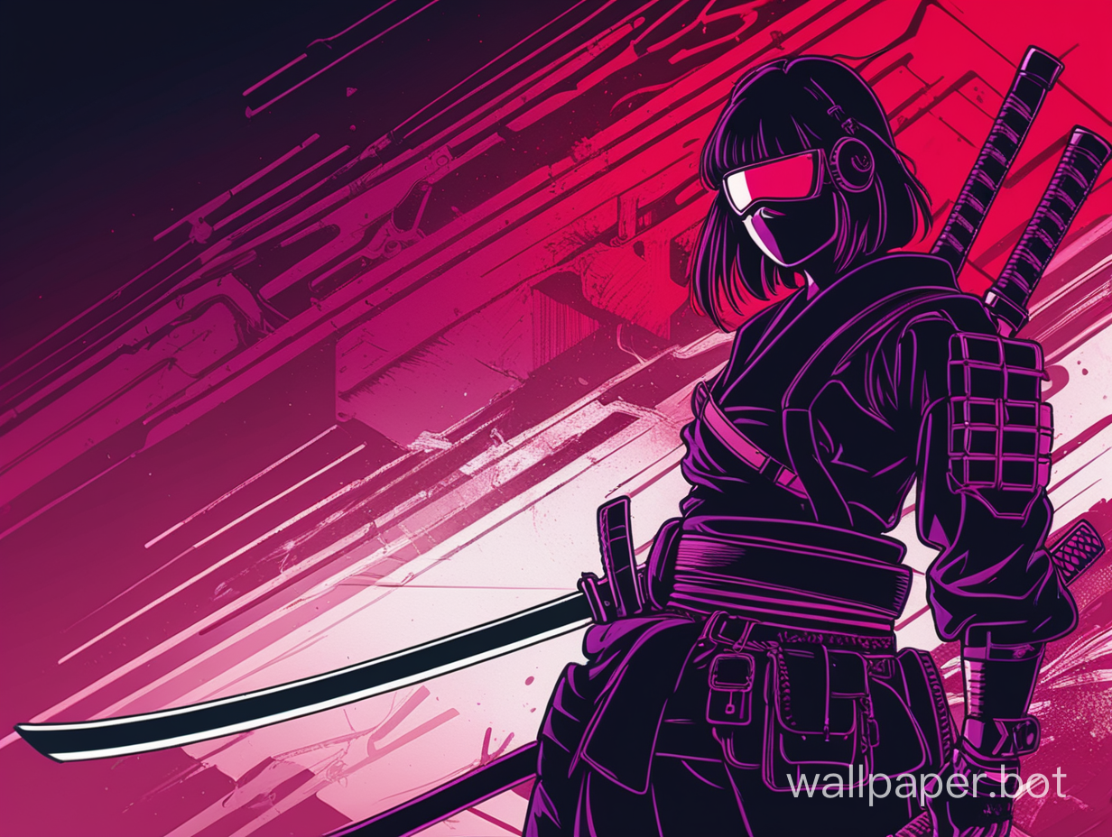 wallpaper for PC resolution 1980:1920 style minimalism by color black and red katana background should be acid dark purple cyberpunk and katana should be horizontally one hand-drawn