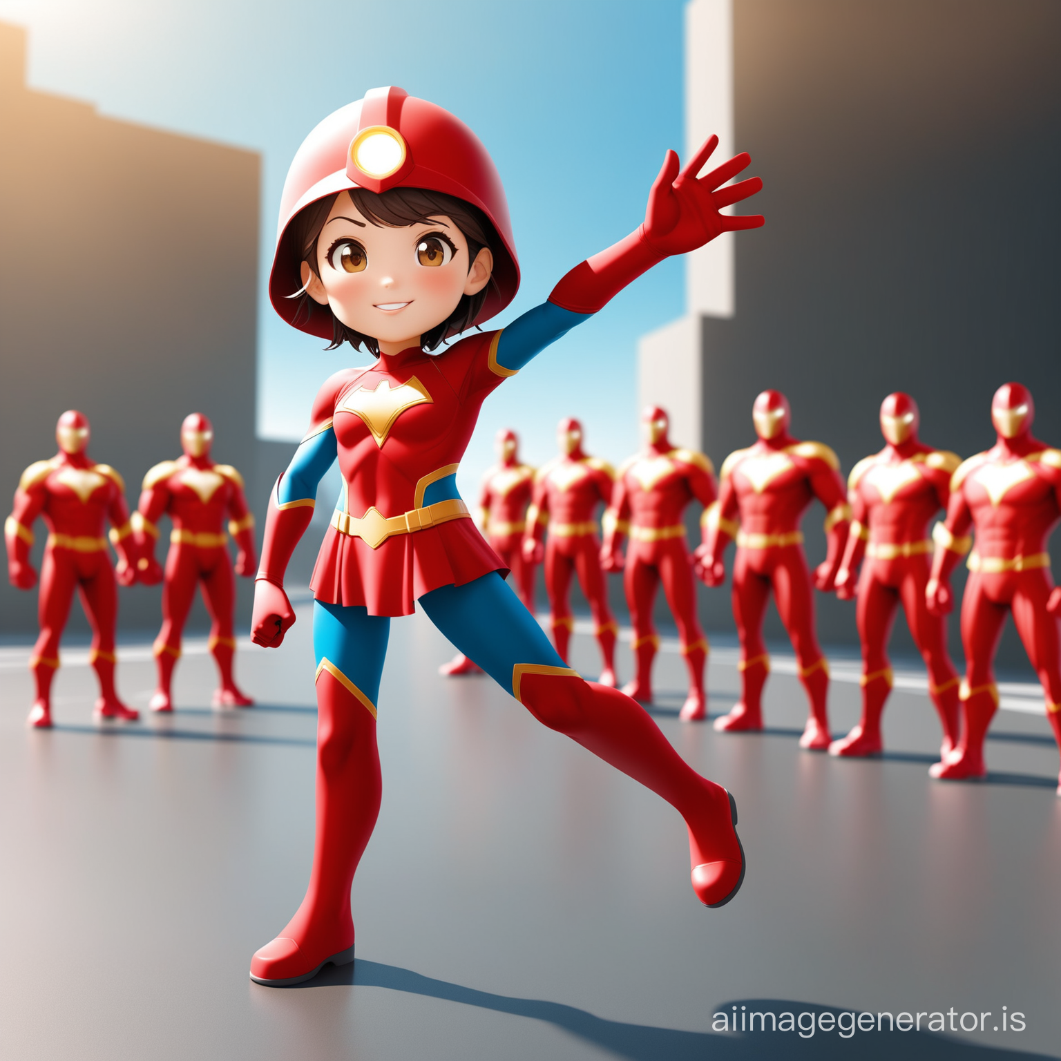 cgi character of super hero recycling warrior. Should be wearing a red cape and red helmet.  Add multiple different characters in the background.Add a female character in red and posing with arm in the air



