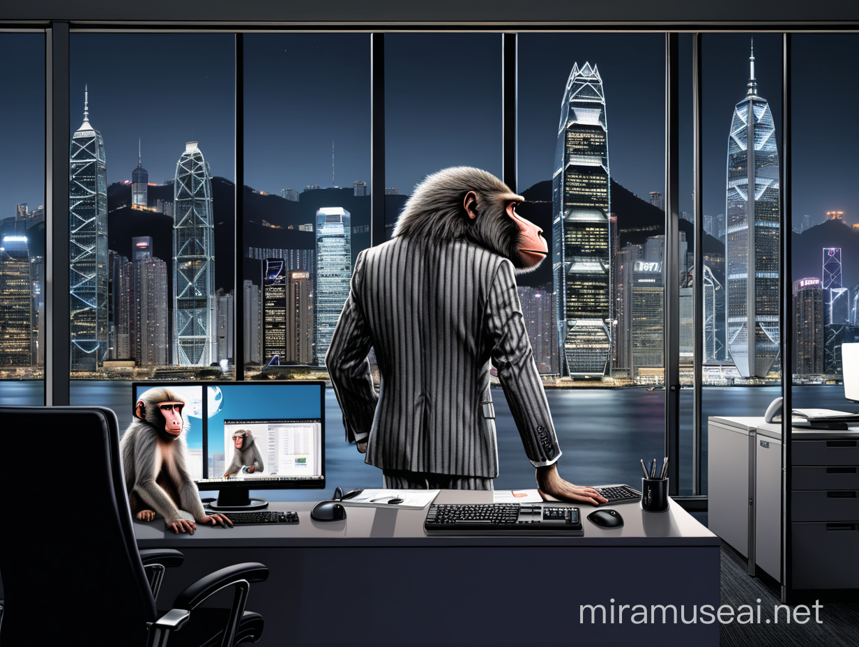 香港夜晚办公室里，有落地窗，窗前站立着一个穿着灰白条纹西装的狒狒，窗外是维多利亚港，办公室内有一张桌子，桌子上是电脑，插画形式