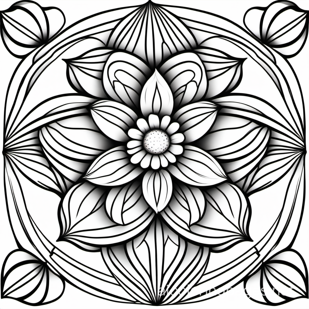 symmetrical flower pattern, Coloring Page, black and white, line art, white background, Simplicity, Ample White Space. The background of the coloring page is plain white to make it easy for young children to color within the lines. The outlines of all the subjects are easy to distinguish, making it simple for kids to color without too much difficulty