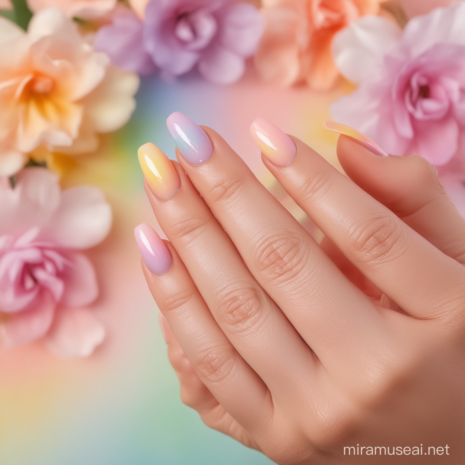 A close-up of hands with nails painted in a seamless pastel rainbow gradient, embodying the soft colors of spring, against a light, floral background.