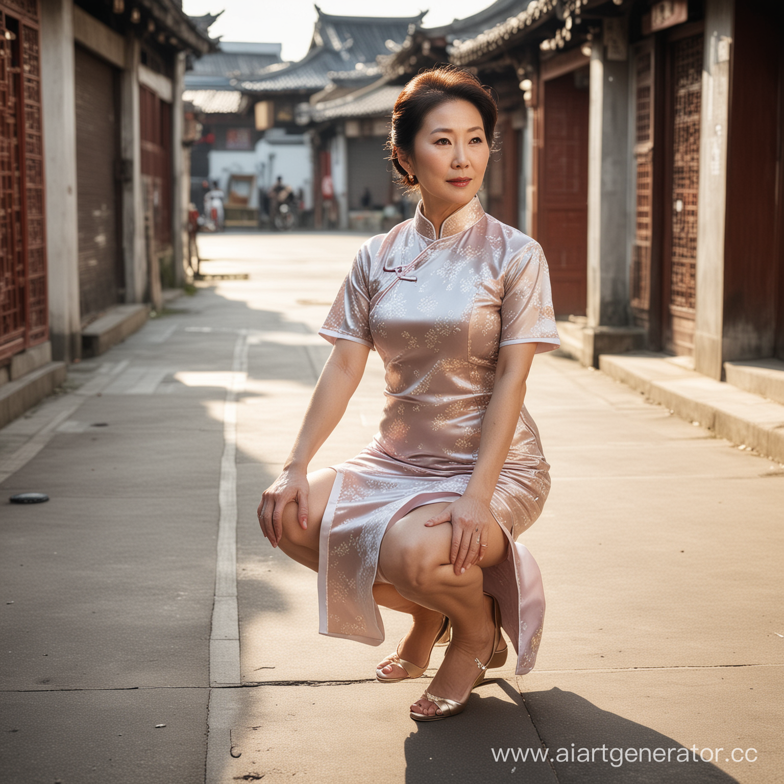 Squatting, sunshine, streets, full body photos, Chinese, mature woman, cheongsam,