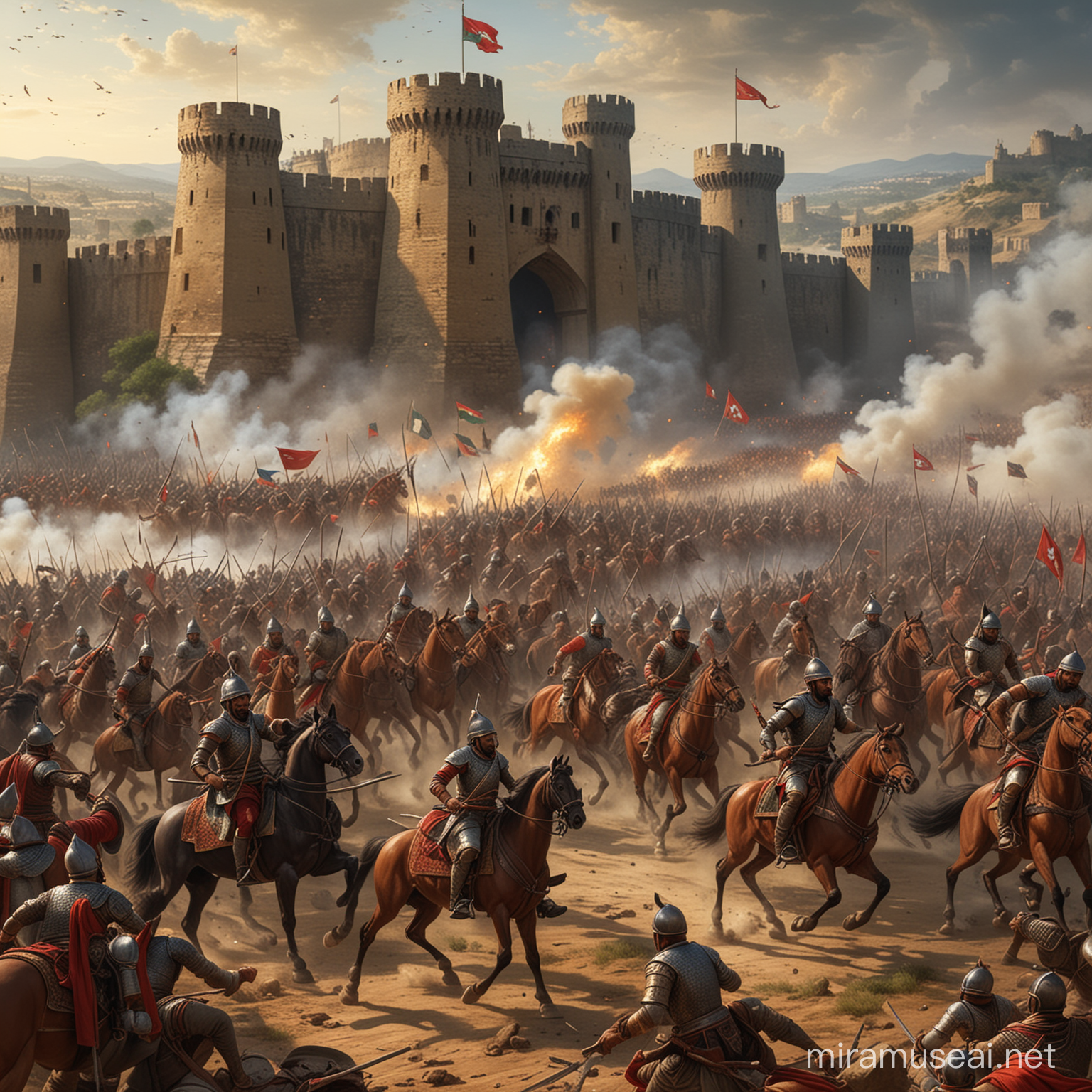 A dramatic battle scene at the gates of Gowa's fortress, showcasing Sultan Hasanuddin's strategic brilliance as his troops outmaneuver and defeat the well-equipped Portuguese army, symbolizing the resilience and strength of the Gowa Kingdom.