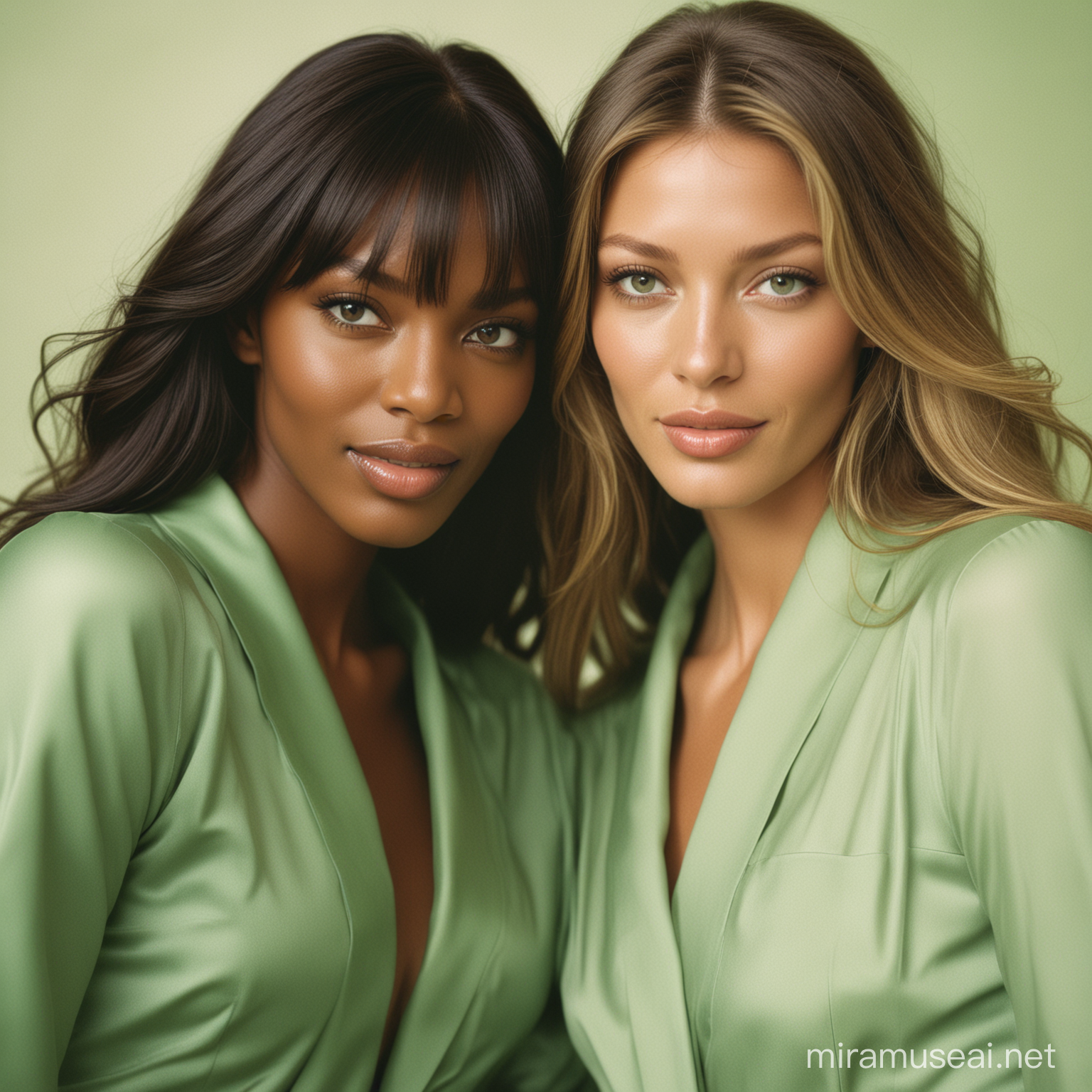 photo of two models Naomi Campbell and Gisele Bündchen dressed in green luxury, luxury art, i can't believe how beautiful this is, subtle color gradations, vibrant colorism, happy pastelle colors, light background, depth inn their eyes with showing human emotions, happiness, , collage style, mood board, This was photographed with a Kodak Portra 400 in the style of Sam Levinson's Euphoria, --s 750 --v 5.2
