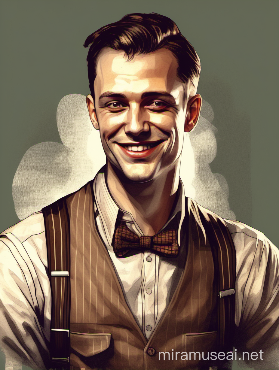 A portrait of a 32 years old 1920s man. Upper working class, worn shirt, vest and suspenders. Short brown hair, clean shaven, mischevious smile. In the style of a digital painting