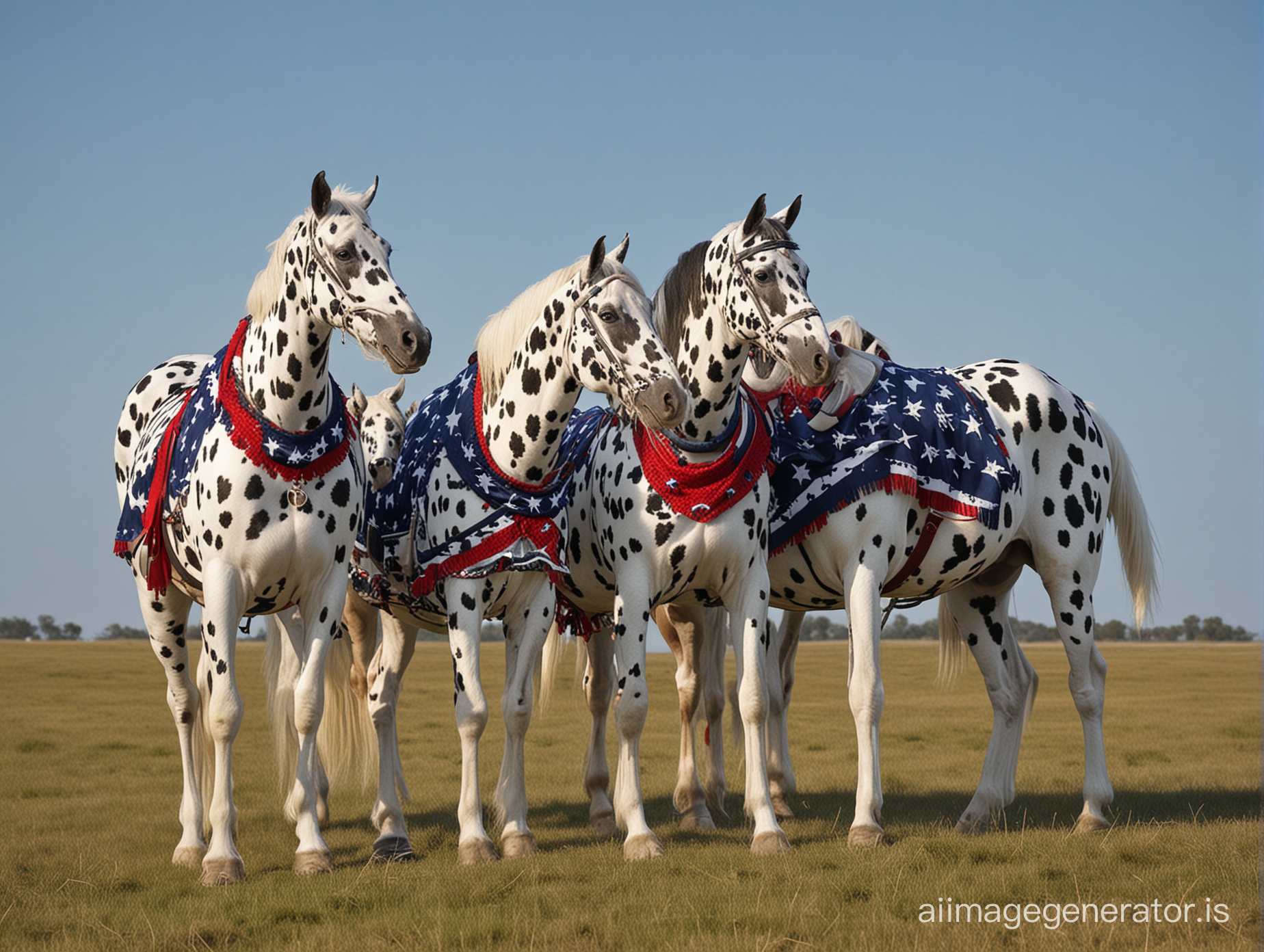 dalmatian knabstrupper horses with Star-Spangled Banner blanket compass  blue sky
