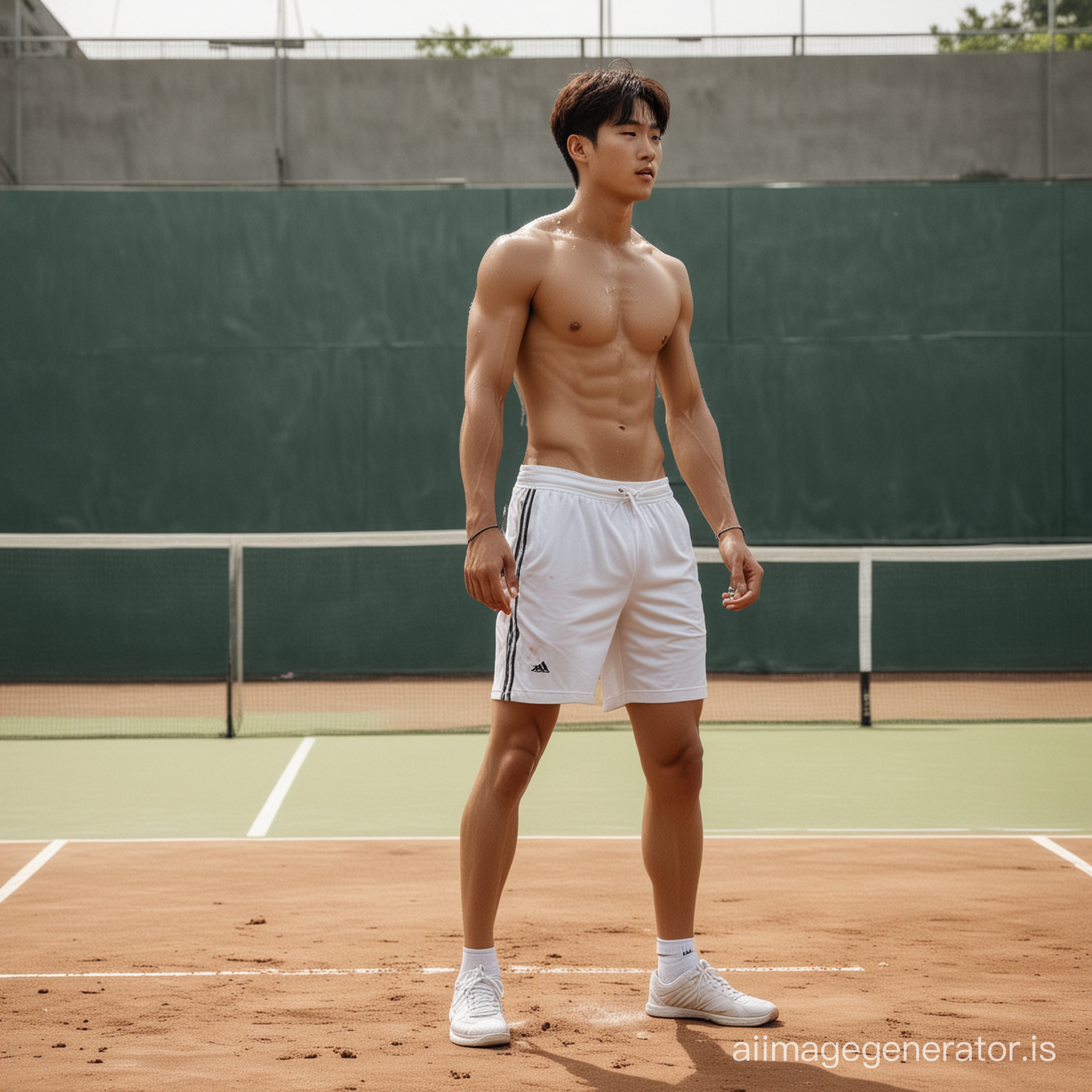 A 21-year-old muscular korean boy on the tennis court, his clothes drenched in sweat, barefoot, no shoes