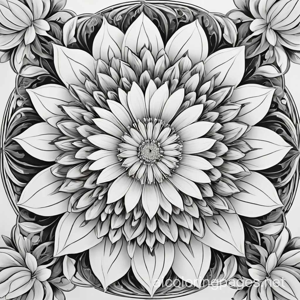 symmetrical 4 flower pattern, high contrast, white background, Coloring Page, black and white, line art, white background, Simplicity, Ample White Space. The background of the coloring page is plain white to make it easy for young children to color within the lines. The outlines of all the subjects are easy to distinguish, making it simple for kids to color without too much difficulty