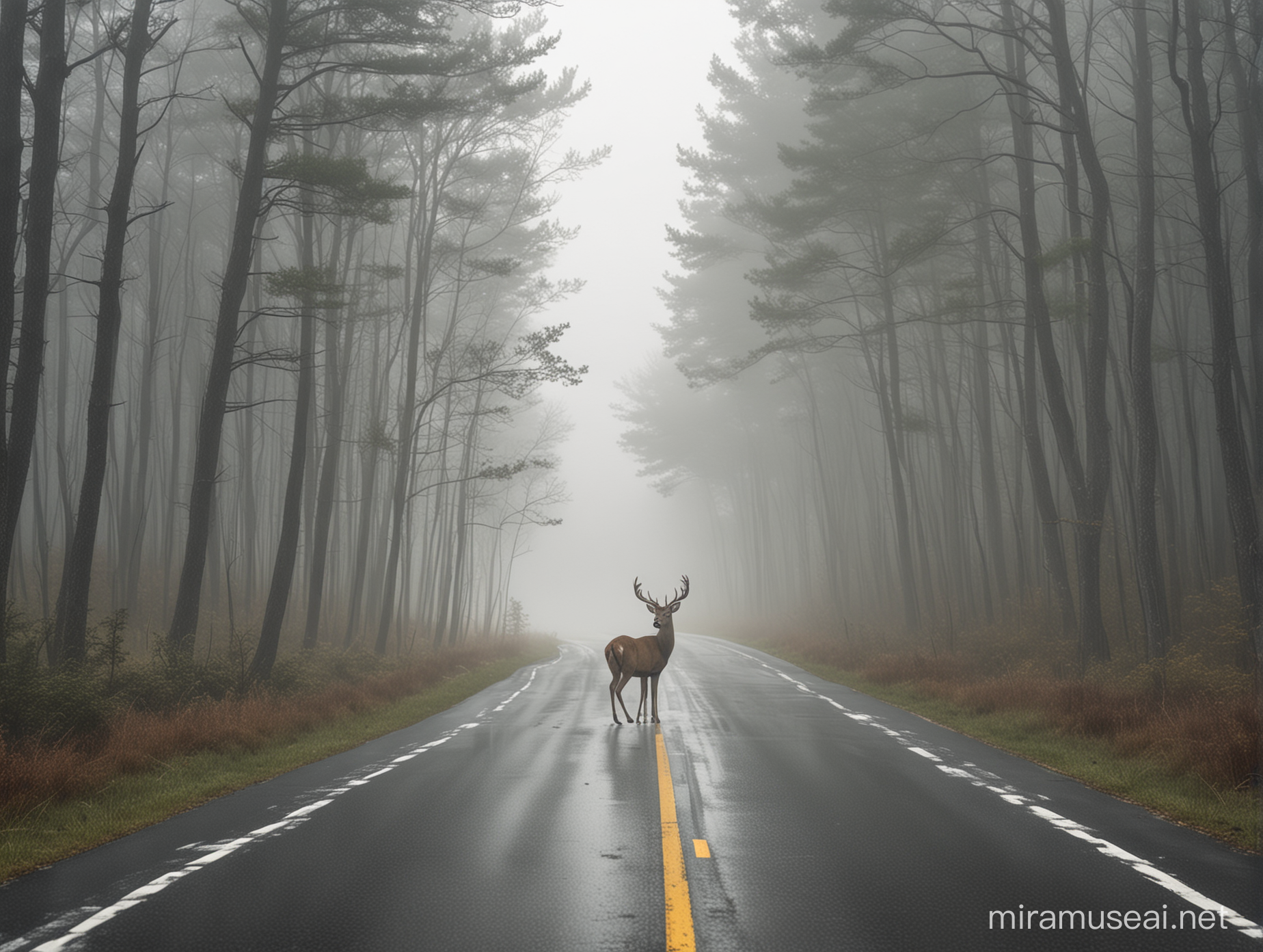 公路，森林，一头麋鹿，雾气，丁达尔效应，A字形构图