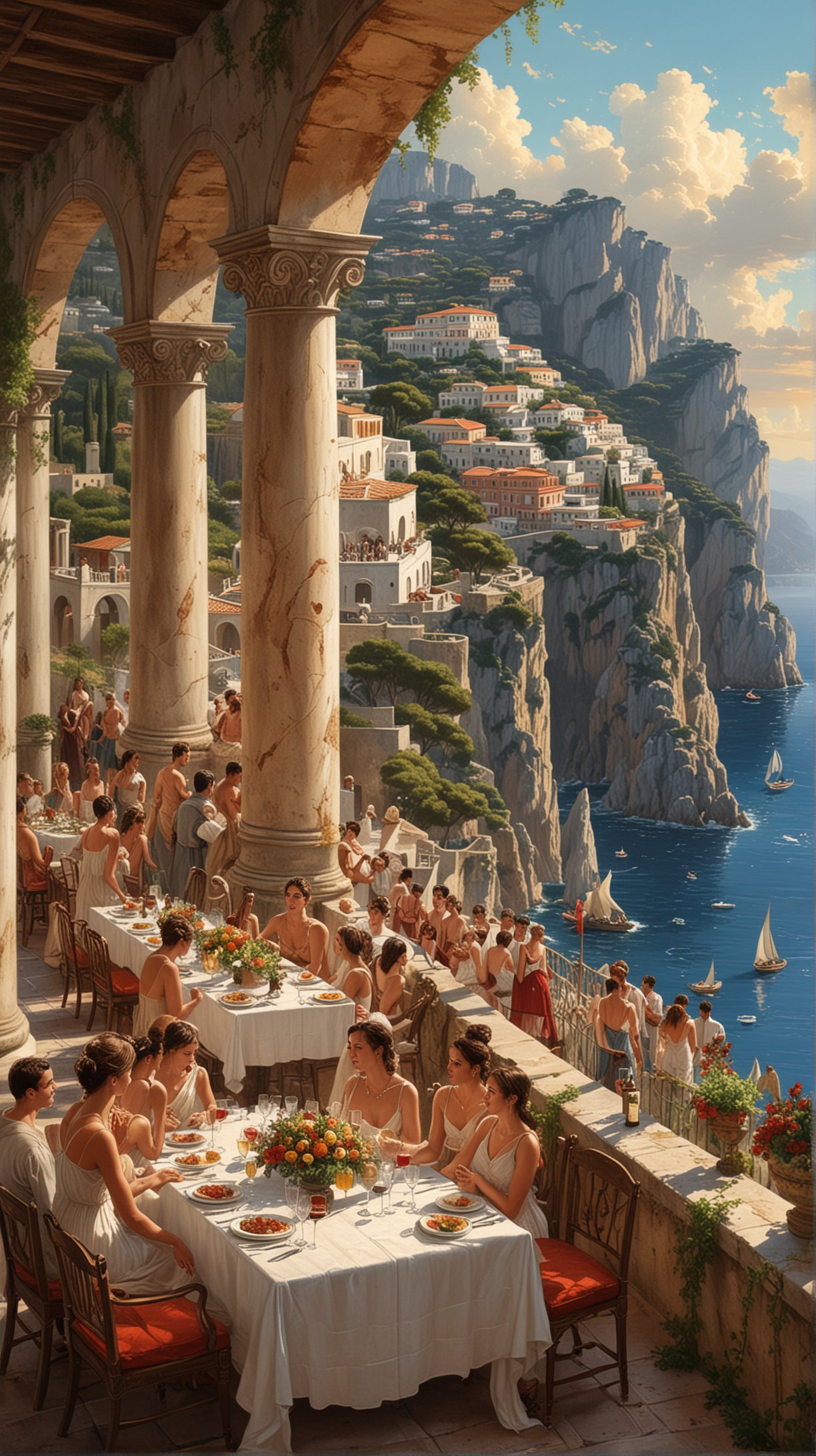 Depict an ancient Roman villa on the island of Capri during Emperor Tiberius' reign, showcasing a debauched party scene with orgies and wine-soaked feasts. The setting should be a luxurious villa with Roman architecture, overlooking the sea. The composition should be wide-angle to capture the grandeur of the party, including various groups of people in Roman attire, engaged in different activities. The lighting should mimic torchlight or natural sunlight, highlighting the decadence and opulence of the scene. Include details like goblets, lavish food, and the scenic background of Capri to enhance the historical realism.