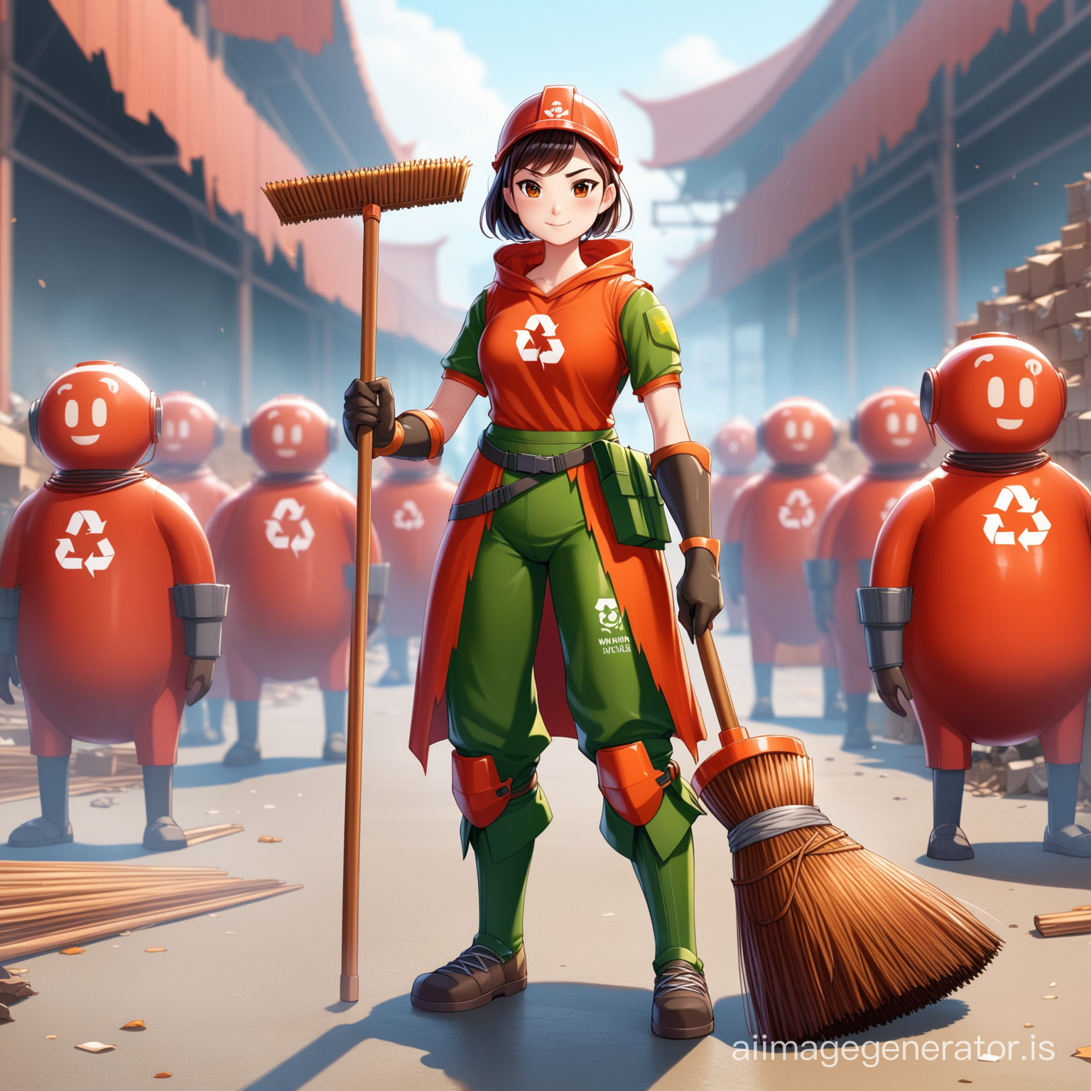 cgi character of waste recycling warrior. Should be holding a broom. Add multiple different characters in the background. Character to be in red. Make character female





