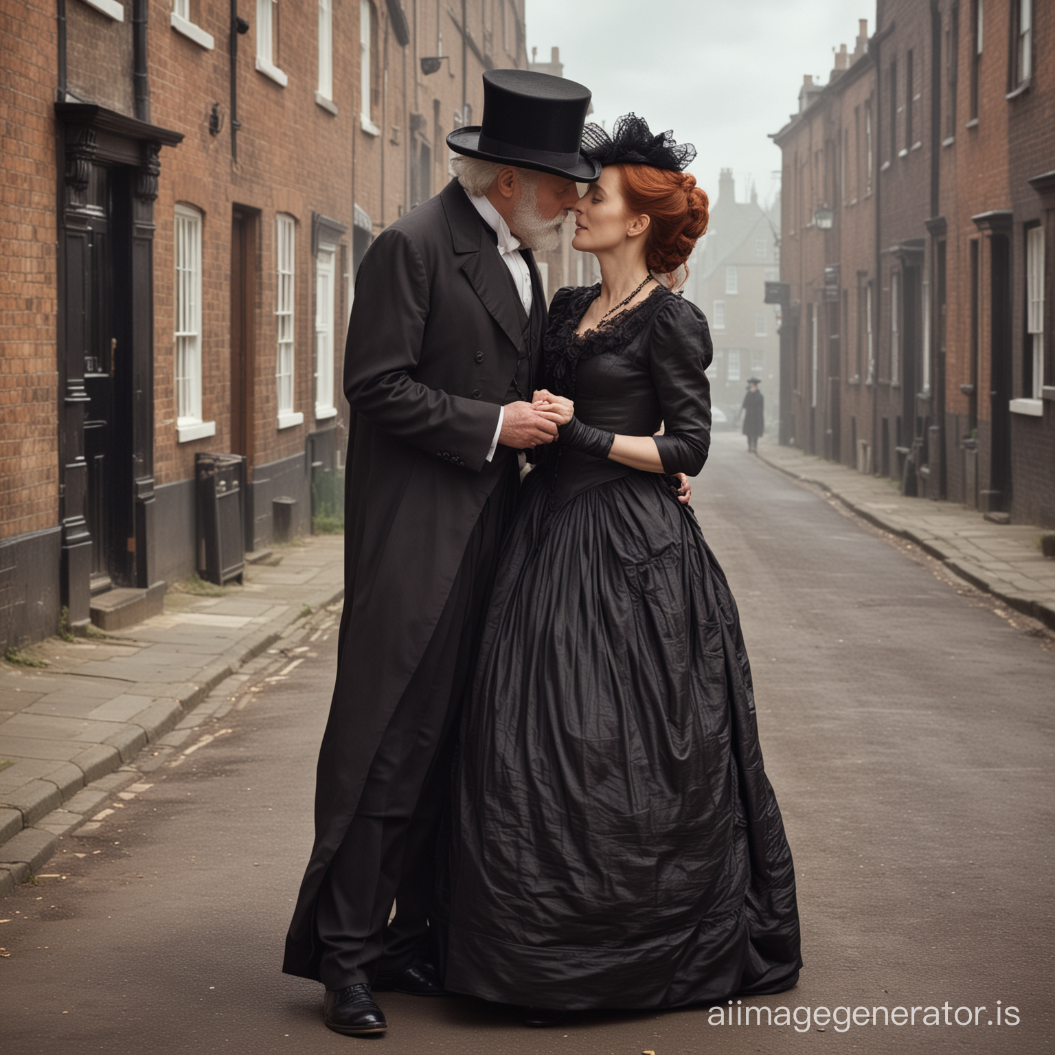 red hair Gillian Anderson wearing a dark chocolate floor-length loose billowing 1860 Victorian crinoline poofy dress with a frilly bonnet on Victorian era street kissing lovingly an old man dressed into a black Victorian suit who seems to be her dear husband