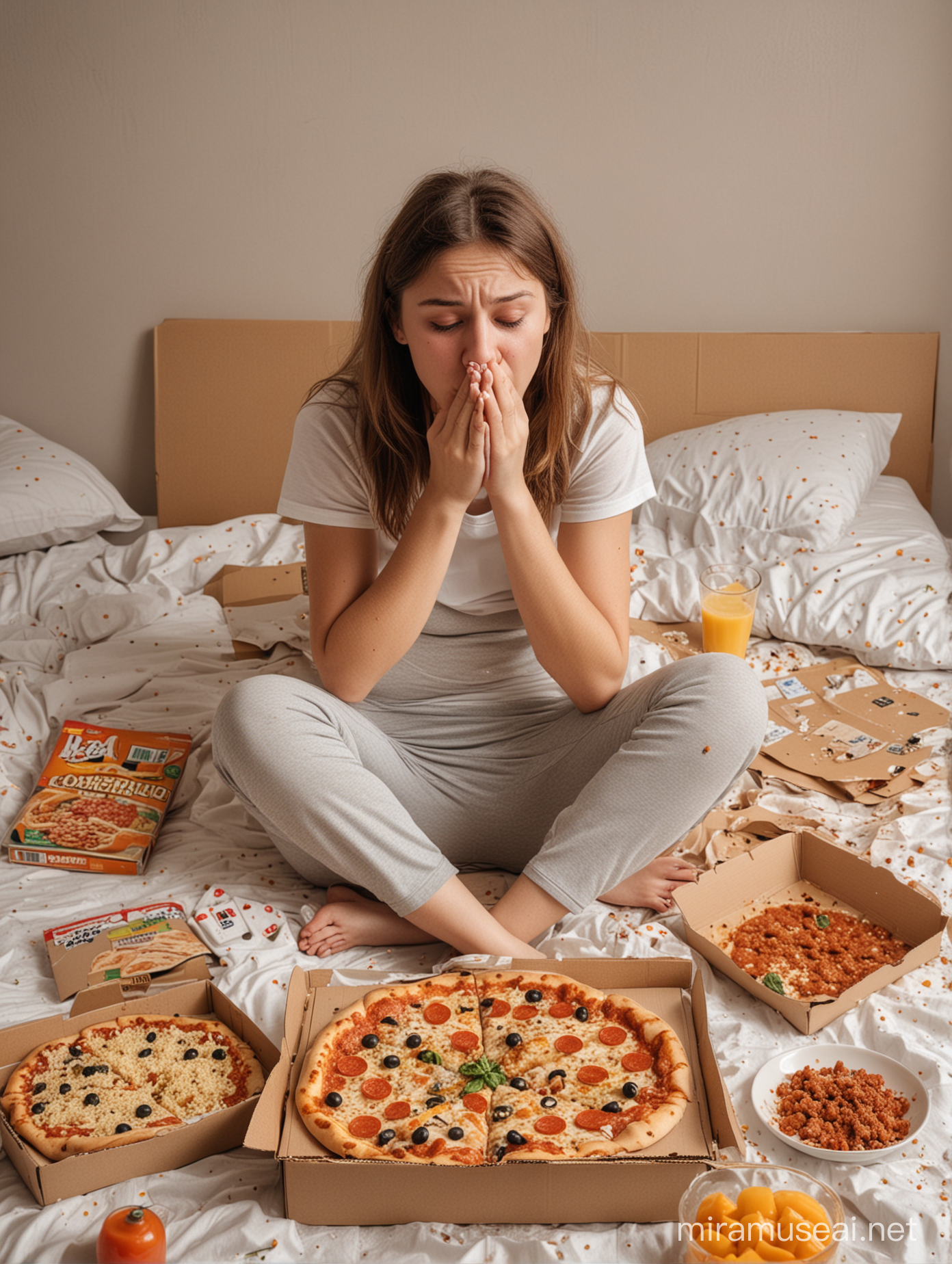 girl sitting in bed with her head in her knees crying, partly coved by the sheets and surrounded with food crumbs, a pizza box, juice cartons and plates with finished food