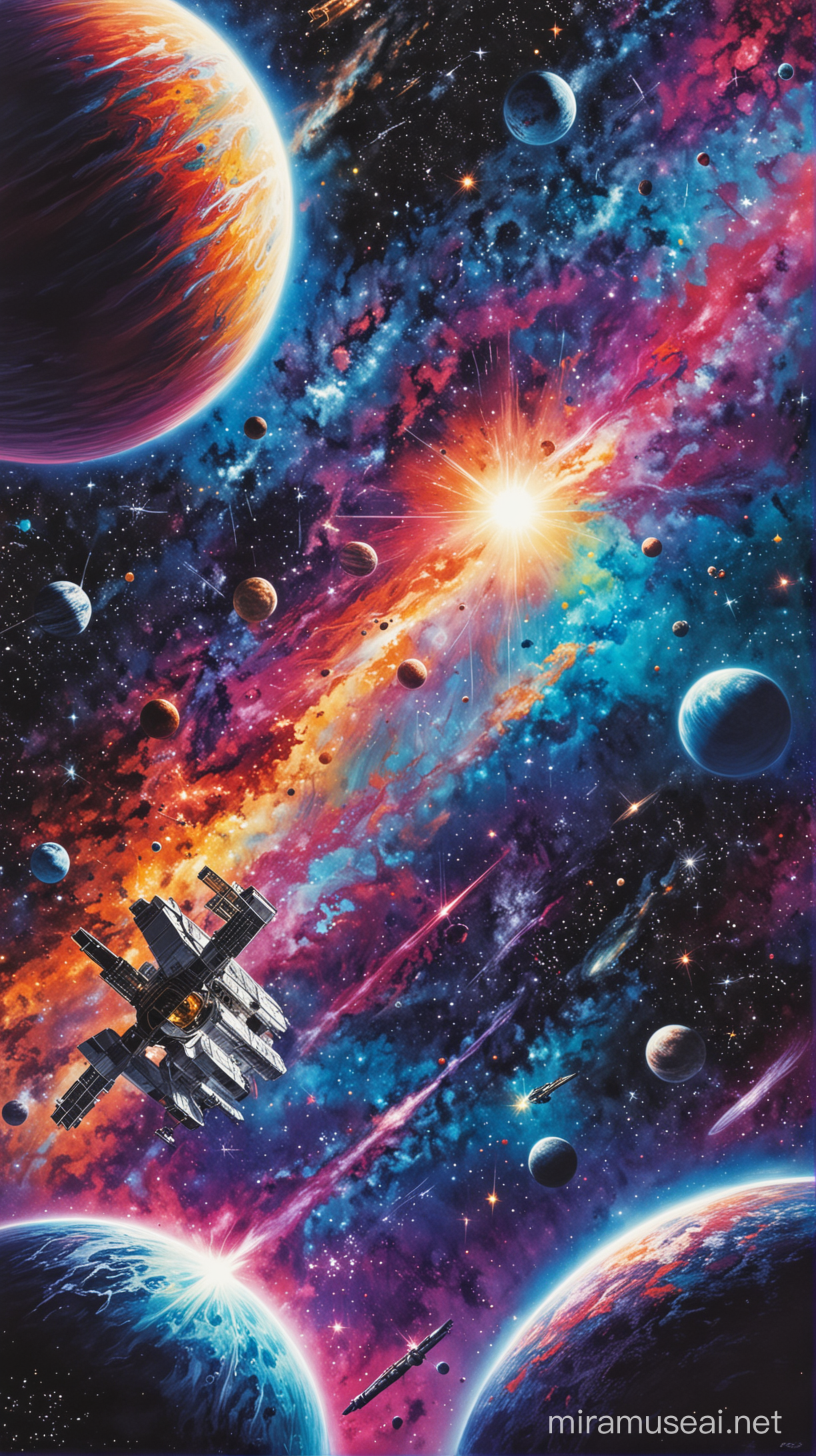 a close up of a colorful poster with a space theme