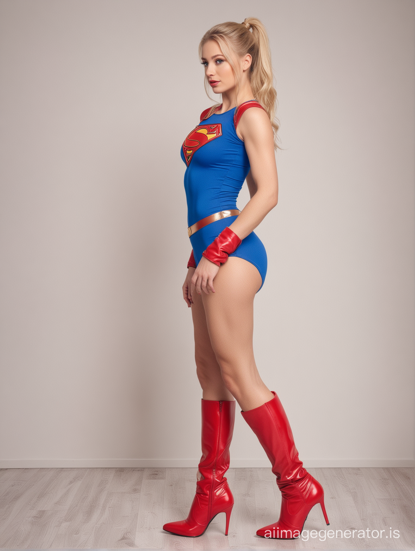 Medium height woman. Beautiful. Blond haïr in a ponytail. Blue eyes. Supergirl outfit with red boots high heels. Waiting for her lover. In front of a white wall