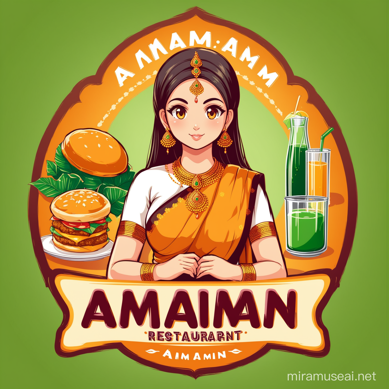 traditional and modern food items Along with juices and nostalgia items  create a restaurent logo where women wearing a saree and name the logo as "AMMAM" caption "THE NOSTALGIA"