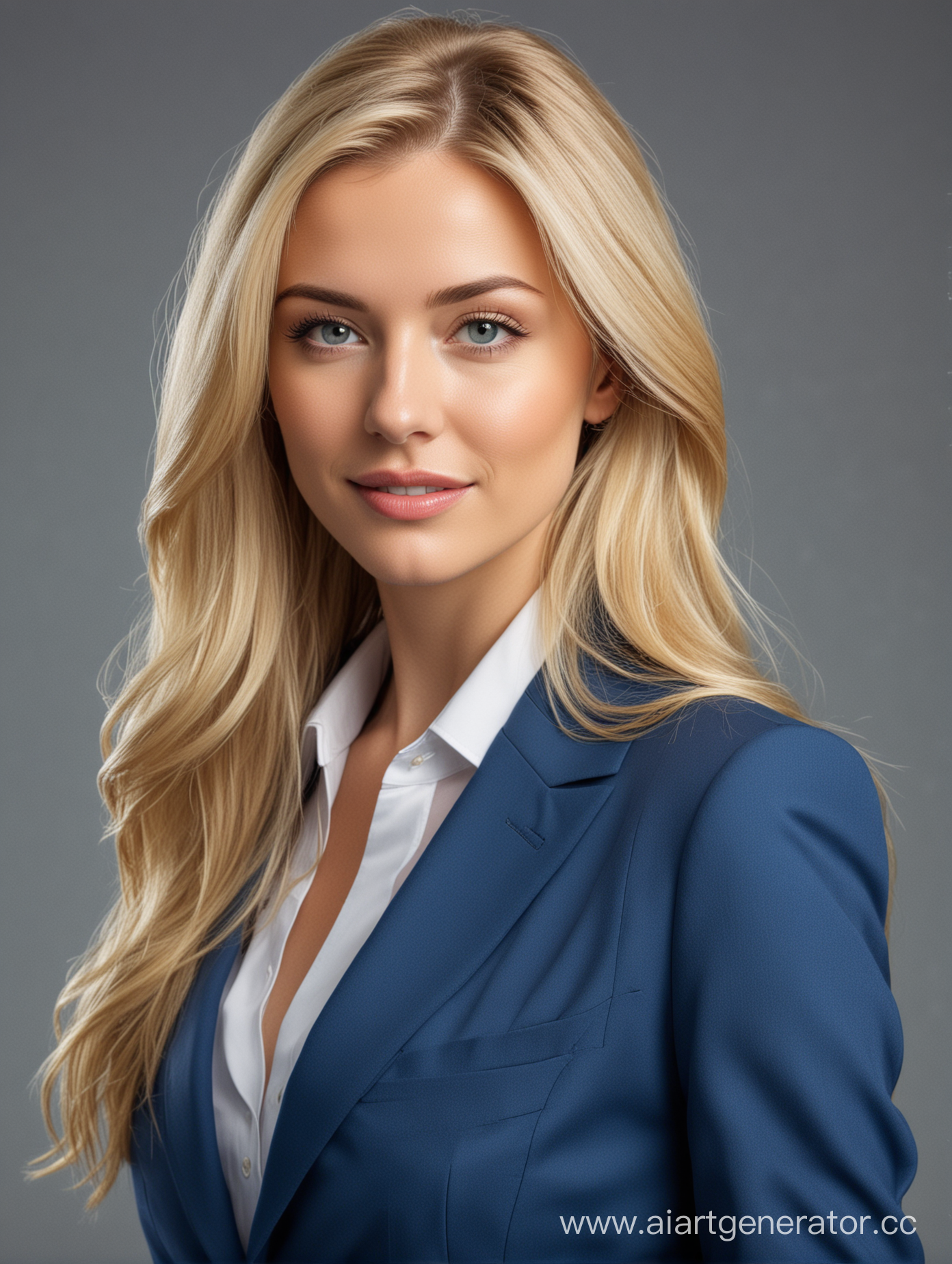 Блондинка с длинными волосами в синем деловом костюме 