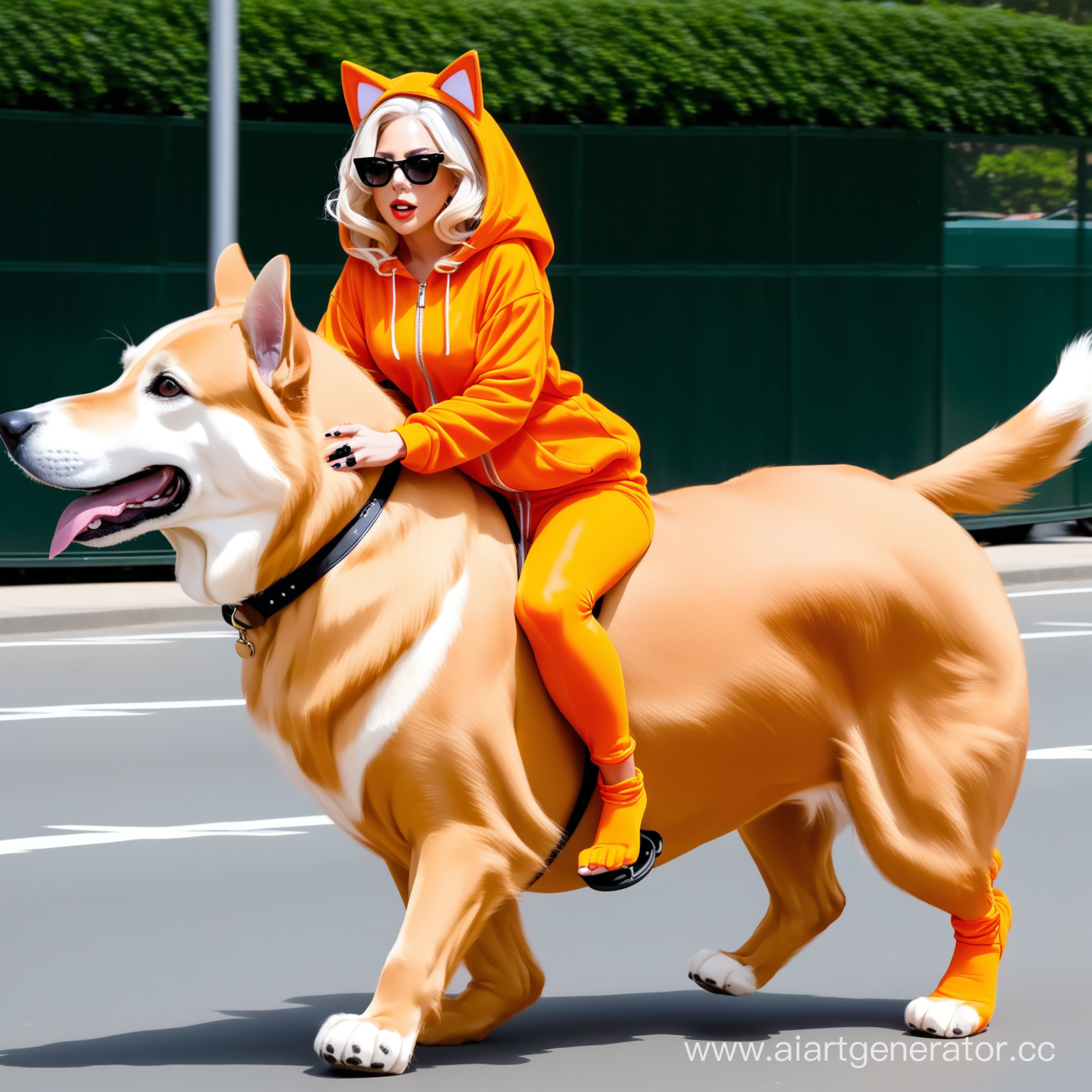 Lady Gaga is wearing orange cat costume, while riding a big dog