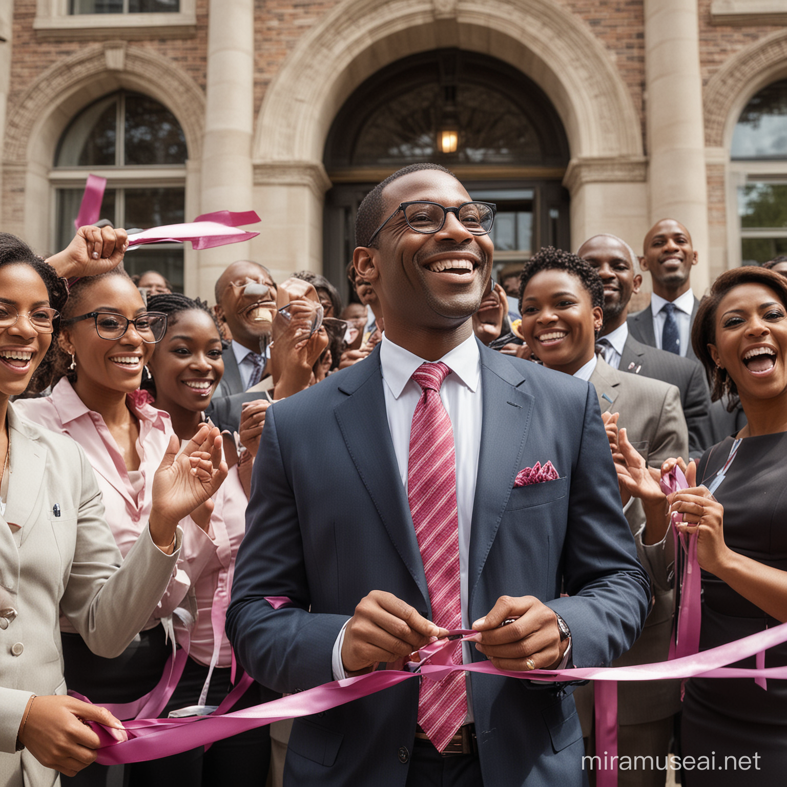 In a scene of celebration and anticipation, an African American corporate man stands proudly at the forefront, a wide smile illuminating his face as he holds a pair of oversized scissors poised above a vibrant ribbon. His eyes sparkle with a mixture of surprise and joy, reflecting the significance of the moment.

Surrounding him, a diverse group of colleagues and onlookers gazes on with admiration and applause, their expressions filled with excitement and pride. Their hands clap together in unison, a symphony of support and encouragement for the man at the center of attention.

Behind them, the grand façade of a newly completed building stands tall and imposing, its sleek lines and modern design a testament to the collaborative efforts of the corporate team. The ribbon, adorned with bright colors and festive decorations, serves as a symbolic gateway to a new era of success and achievement.

As the corporate man prepares to cut the ribbon, the air is charged with anticipation, the moment poised on the brink of realization. With a swift motion, he brings the scissors down, slicing through the ribbon with precision and finesse. Cheers erupt from the crowd, filling the air with a sense of triumph and accomplishment.

In this moment of unity and celebration, the African American corporate man stands as a beacon of leadership and inspiration, his surprise and happiness a reflection of the collective pride and determination that brought them to this unforgettable milestone.