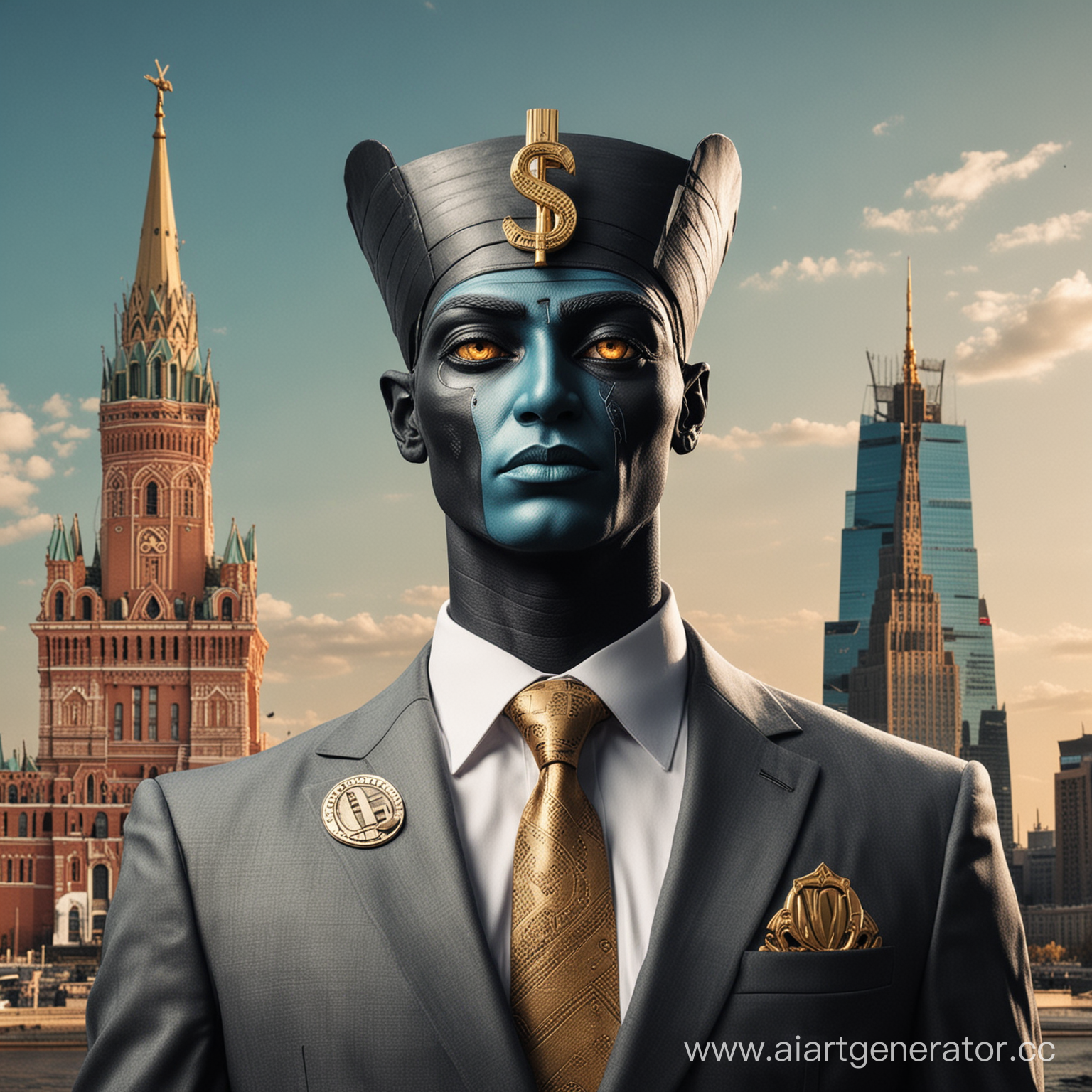 Египетский бог Осирис со знаком доллара вместо глаза стоит на фоне Москвы в деловом костюме