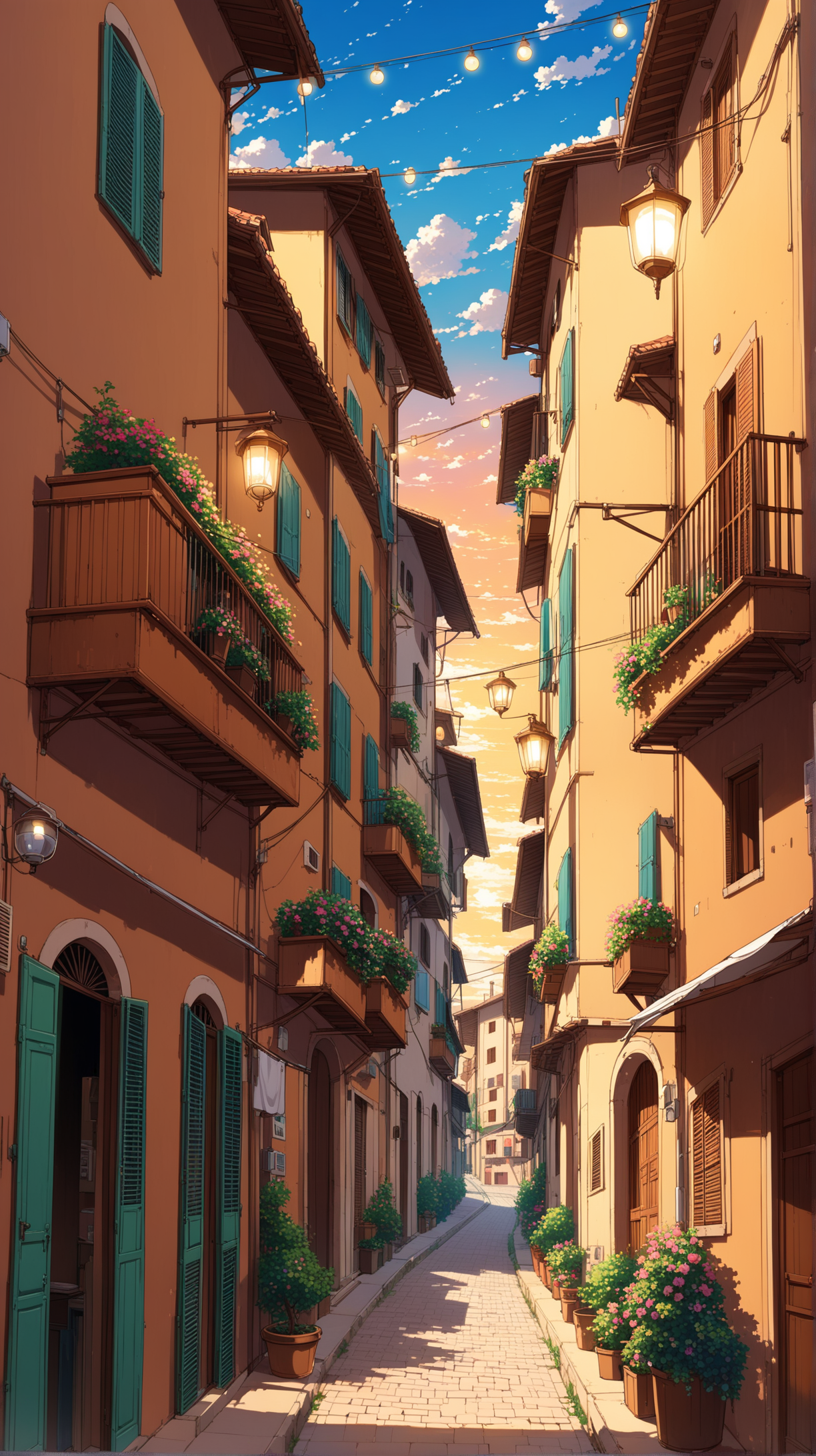 The balconies with many of hanging  clothes laundry on each balcony at the apartment building in sleezy neghbourhood in a small village in Italy, lampion  snd lamps, many people walking, shops in alley,  ,flowers potted, beautiful evening summer sky, anime, ghibli studio style, trending pixiv fansbox, acrylic palette colors, ultra highly detailed form and line, wire and pole, codex_401 art style, amazing ilustration anime