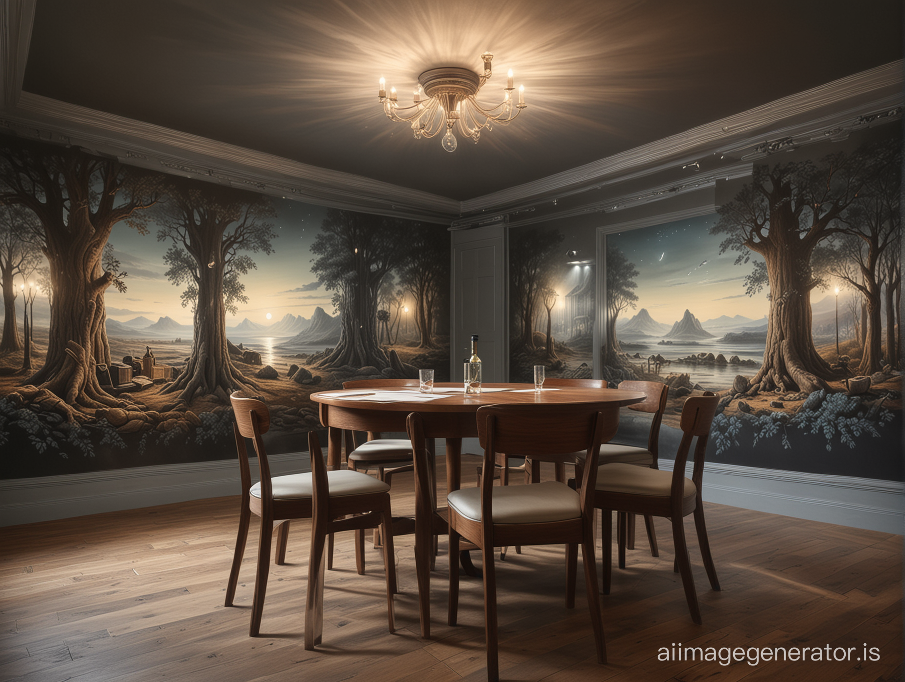 A highly realistic mural capturing room with a dig round table, dimly lit study, in mid-conversation, with the ambiance of the room reflecting a sense of future possibilities, hyper realistic, ultra realistic details