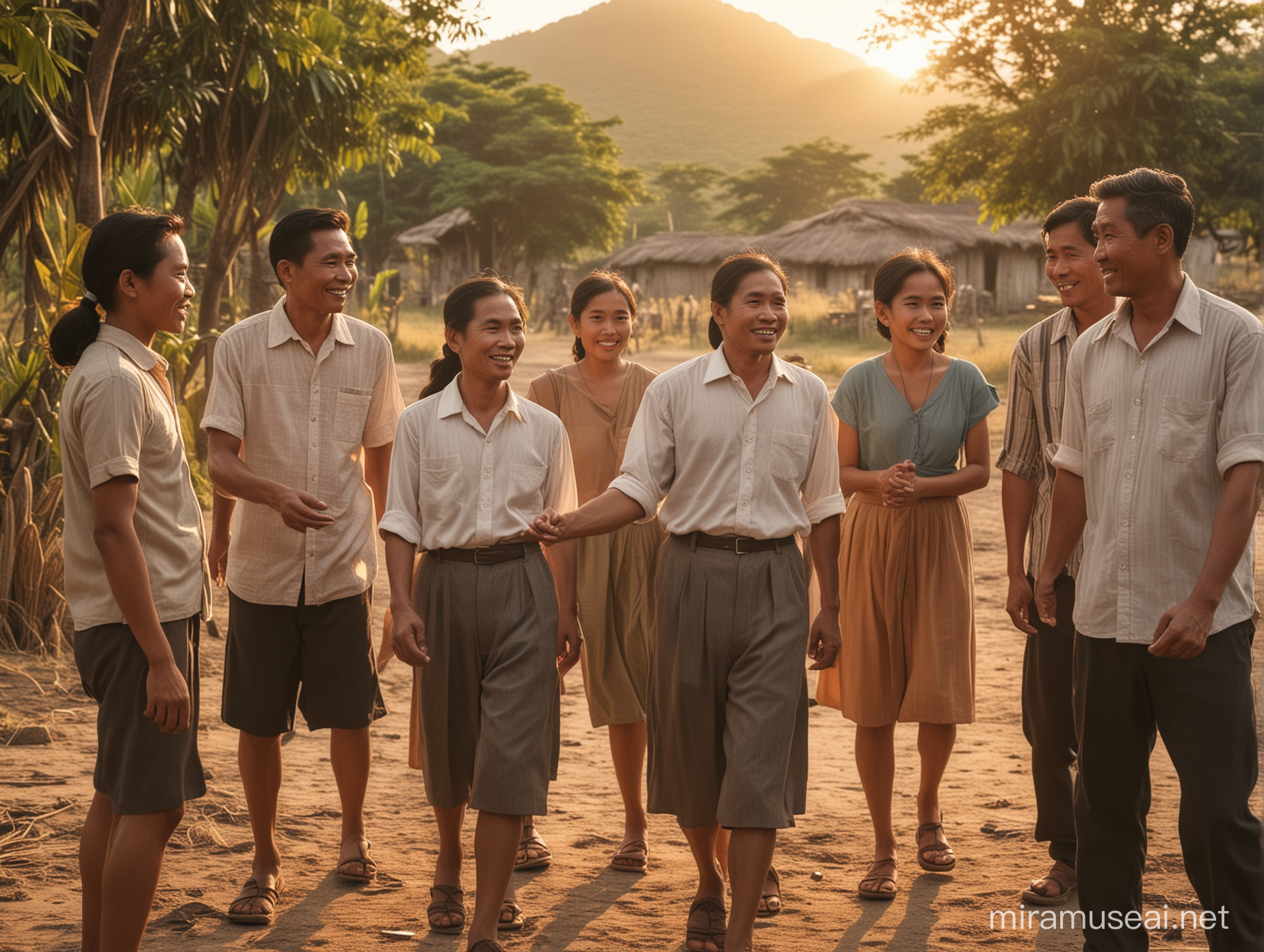 A group of matured Filipino rural villagers led by a powerful male leader, warmly welcoming a young Filipina visitor, the sun was setting, the era was 1950s Philippines, dark cinematic