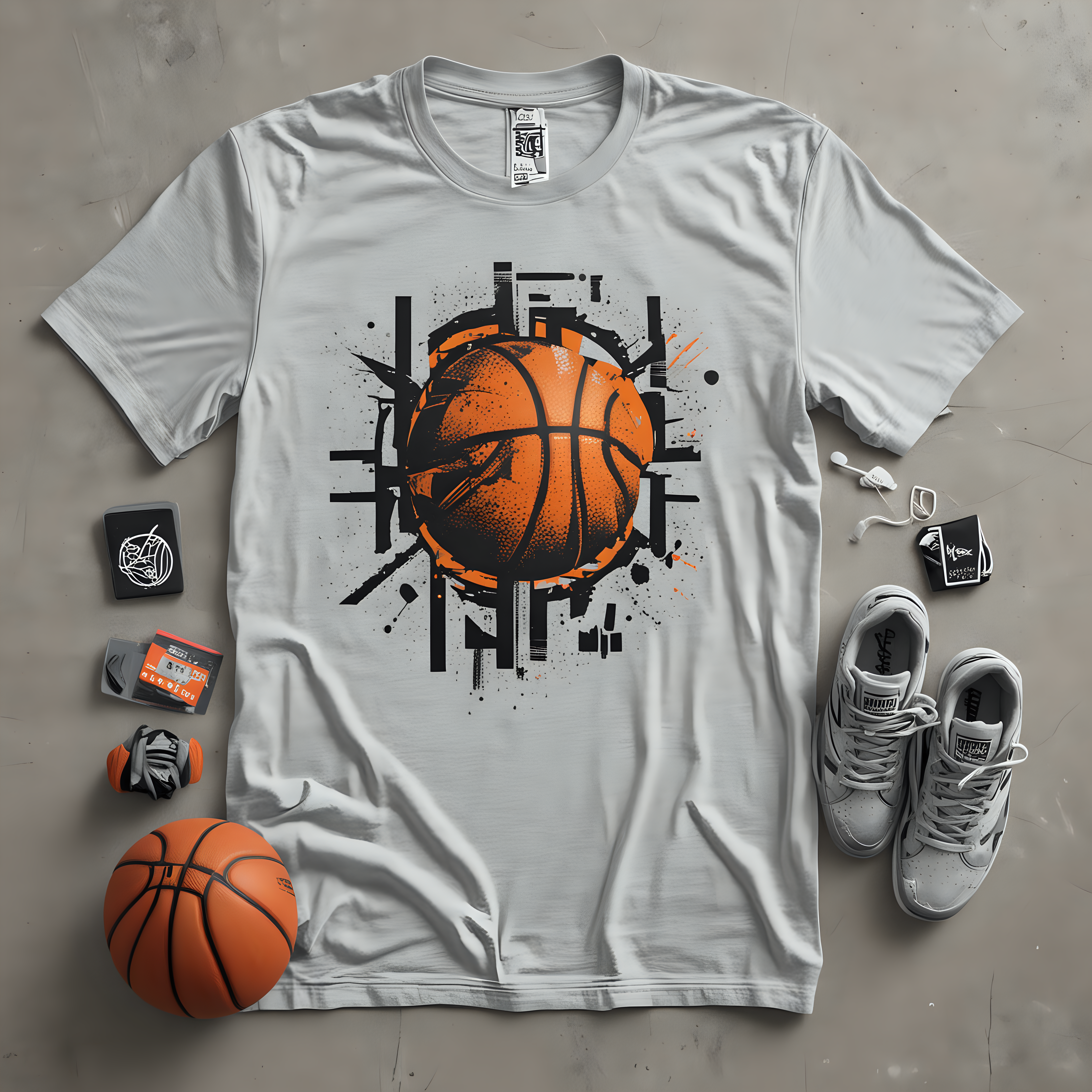 diseño para una camisera para una marca de ropa moderna que se llama KF4, incluye elementos de baloncesto en el fondo, conjunto de grises.





