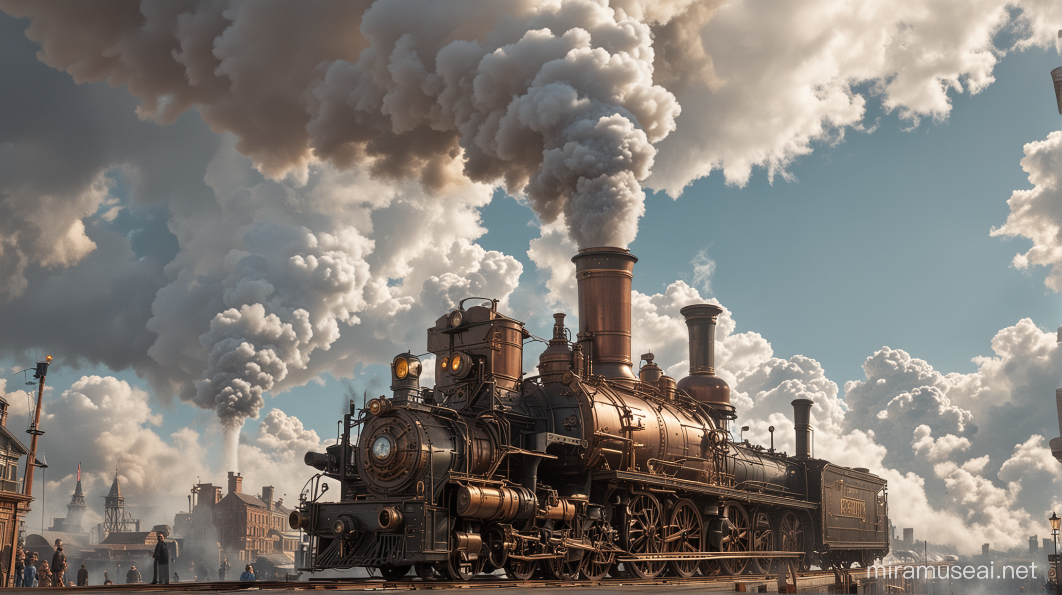 steamupunk city in clouds, large steam engines, steam, smoke, copper, gold, brass