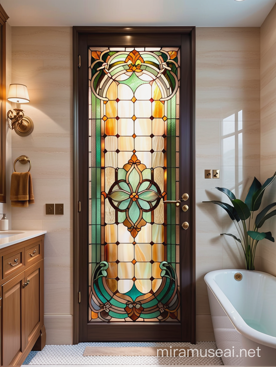 прямоугольная витражная дверь тиффани, в стиле ар нуво, из бежевого стекла в ванной комнате