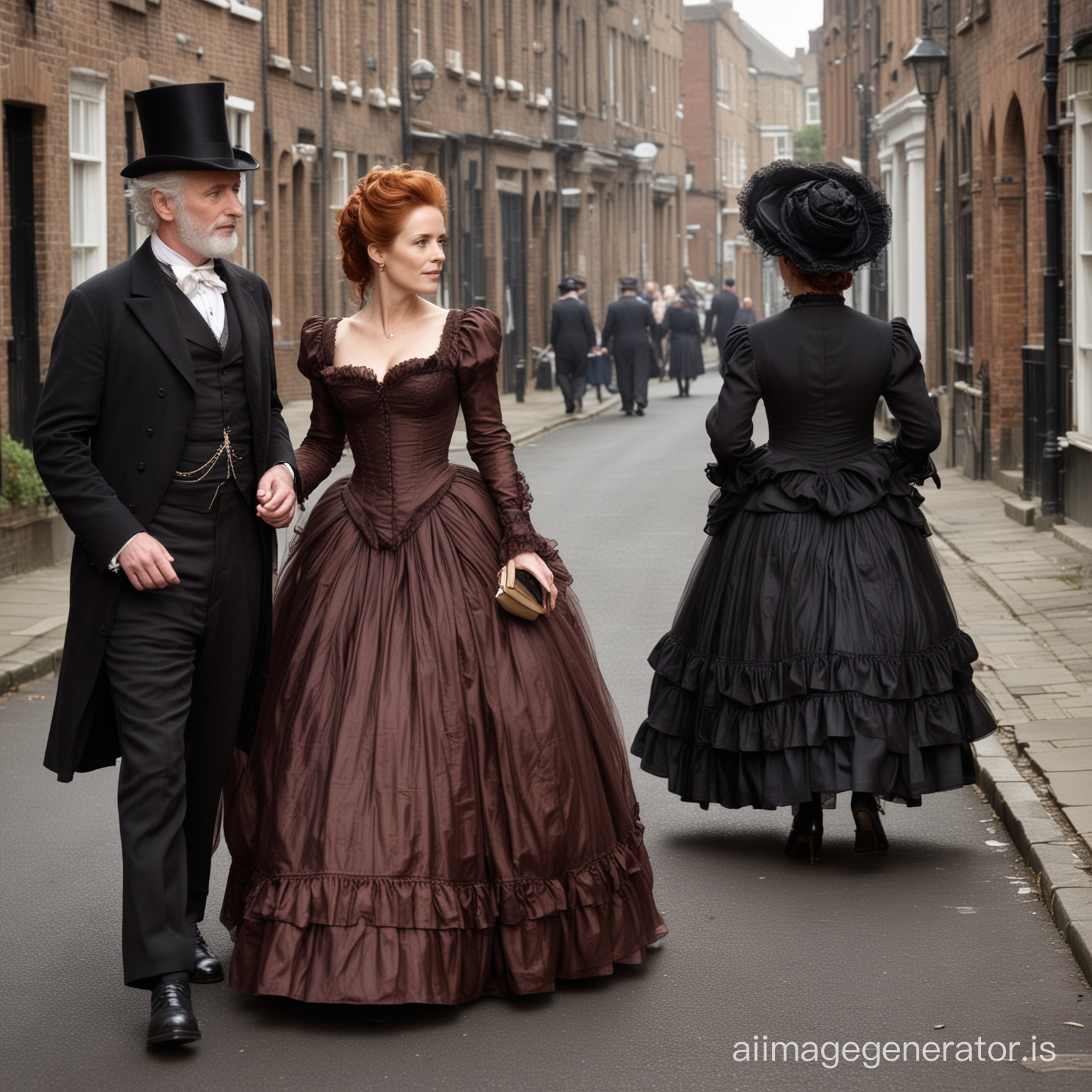 red hair Gillian Anderson wearing a dark chocolate floor-length loose billowing 1860 Victorian crinoline poofy dress with a frilly bonnet on Victorian era street with an old man dressed into a black Victorian suit who seems to be her dear husband 
