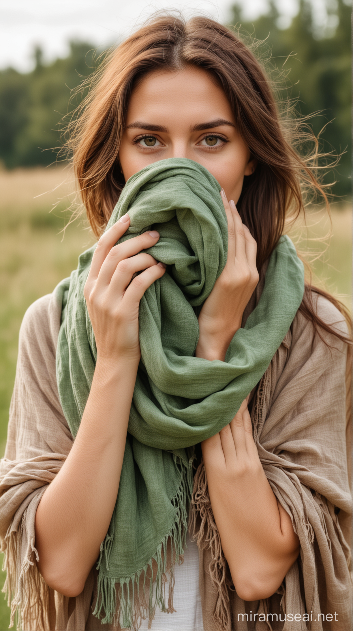 a real photo of a beautiful brown hair woman in boho style. holding a scarf in front of her to hide her face. only see eyes. light green, sand colour
