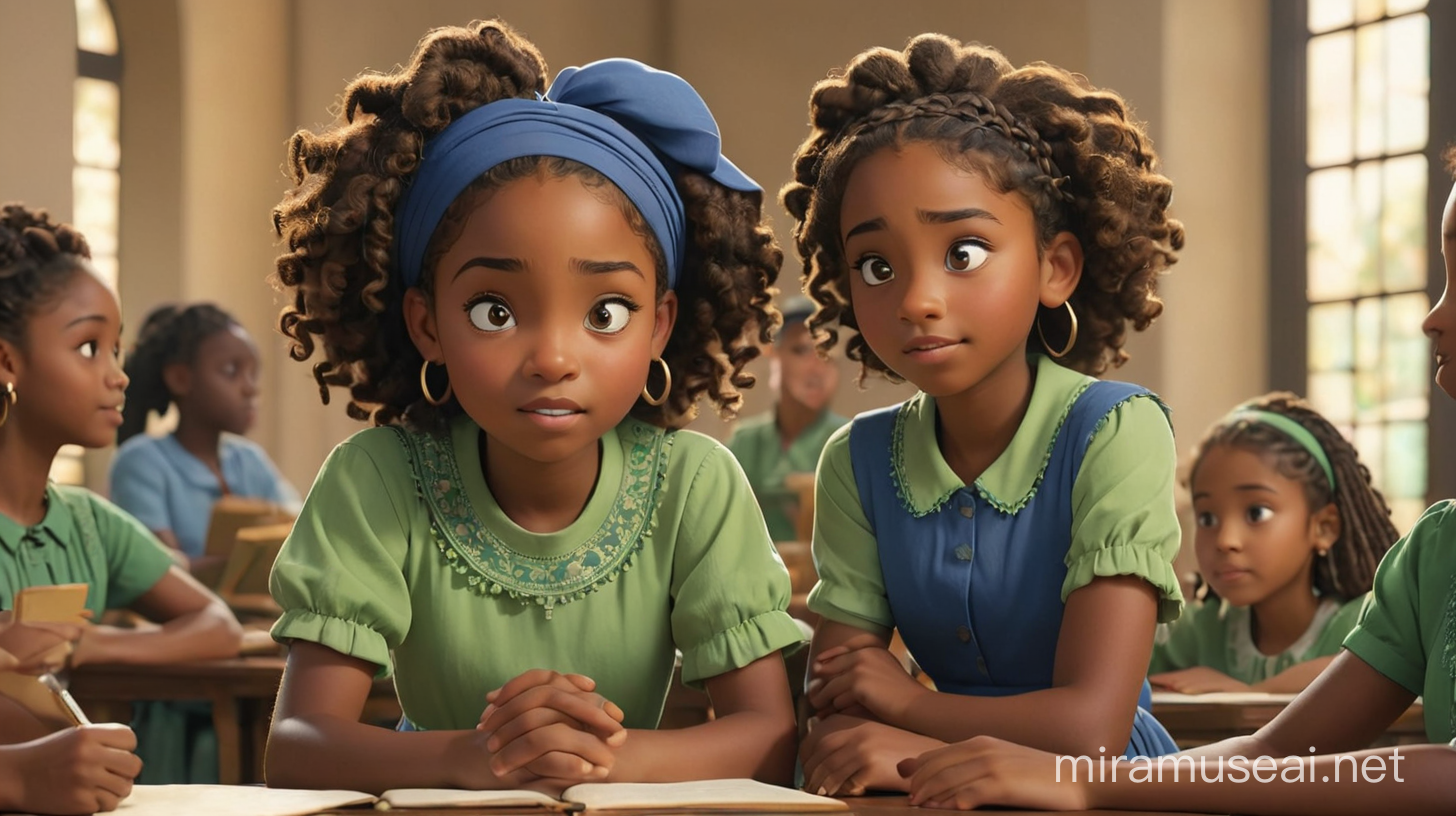 create an image of an African-American preteen girl with dark skin and a afro wearing a modest green dress and a medium brown skin preteen girl with headscarves and  box braids dressed in 
 royal blue modest dresses sitting at a round table in Sunday School talking to each other across the table about the bible. Illumination, Disney-Pixar style illustration 3D Animation, 4k