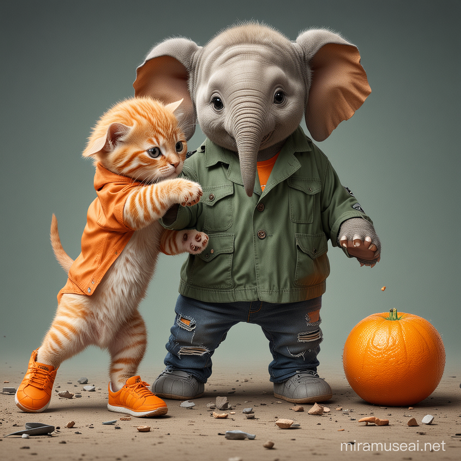 A cute baby elephant in trench coat playing with an orange fat cat in Adidas t-shirt. A green crocodile wearing tattered jeans looks on 