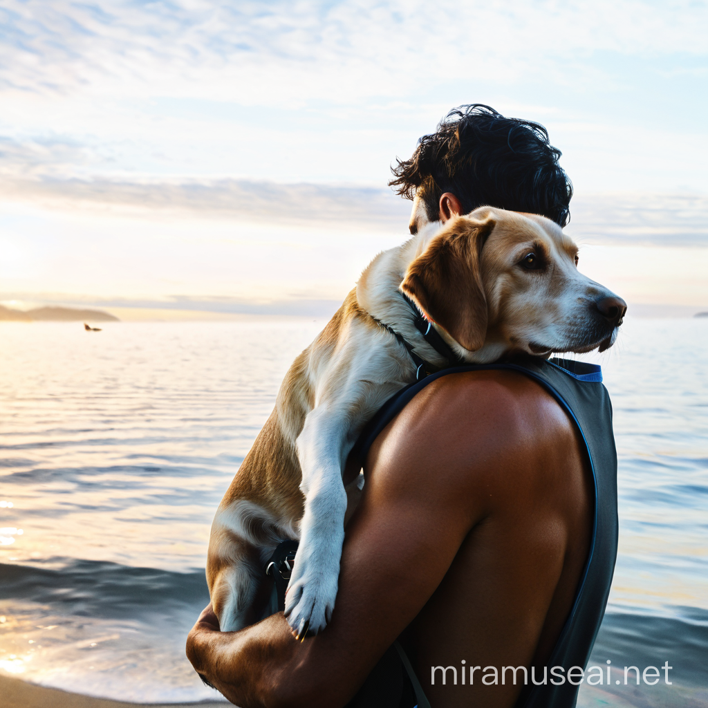 Mann in Rückenansicht, trägt einen Hund auf den Schultern, Großaufnahme, in Öl gemalt, lebendig, detailliert, Licht und Schatten