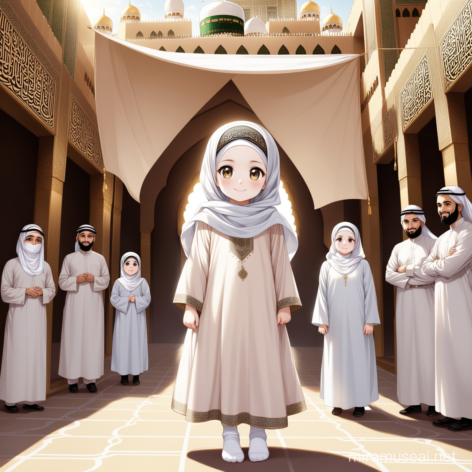 Character Persian little girl(full height, Big white flag in one hand proudly, Muslim, with emphasis no hair out of veil(Hijab), smaller eyes, bigger nose, white skin, cute, smiling, wearing socks, clothes full of Persian designs) with Parents.

Atmosphere Kaaba in Mecca, yard.