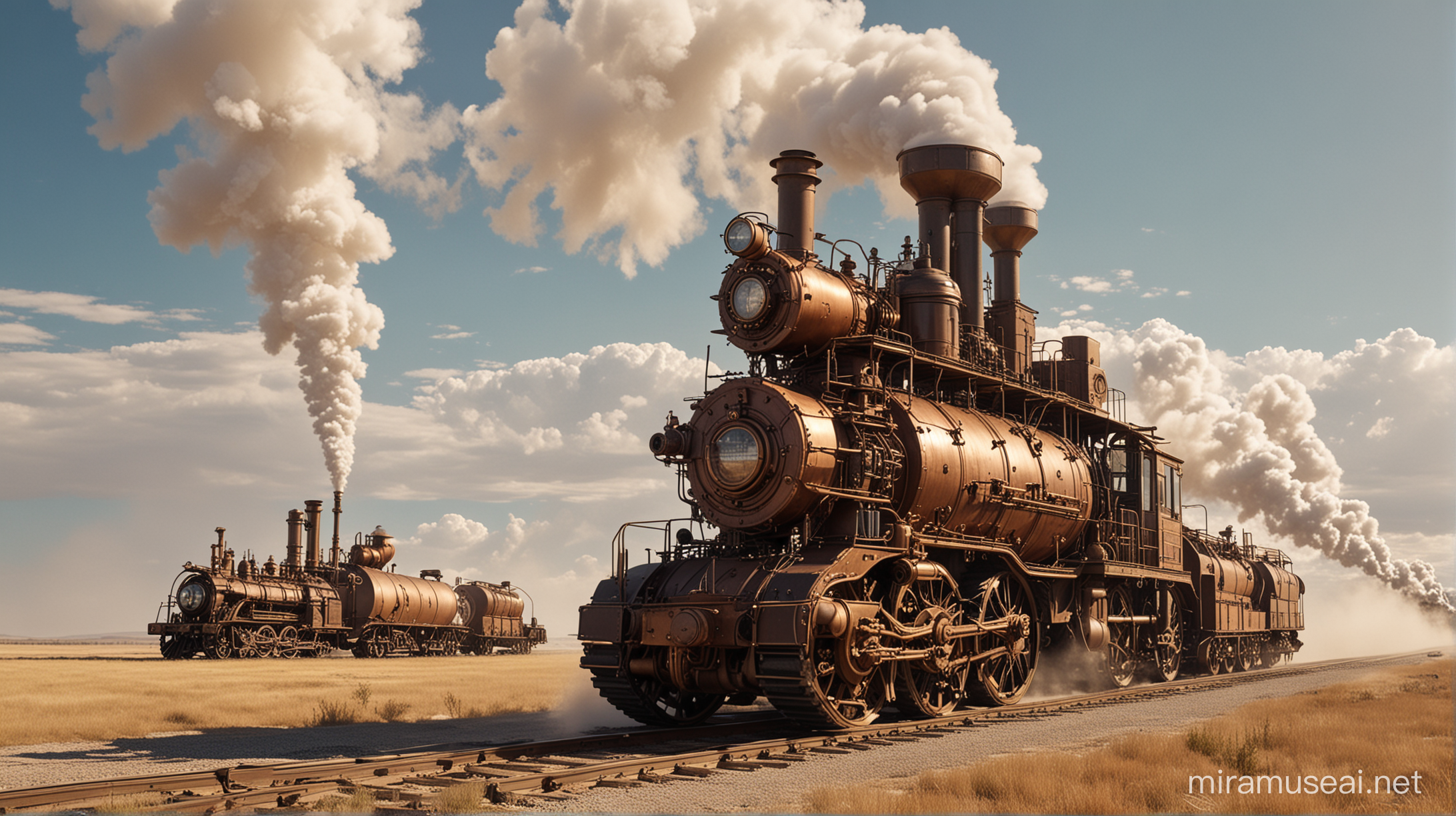 mobile steampunk colony on large caterpillar tracks moves through a prairie, large steam engines, large vertical exhaust pipes, copper, brass, glass, steam, smoke, sunny
