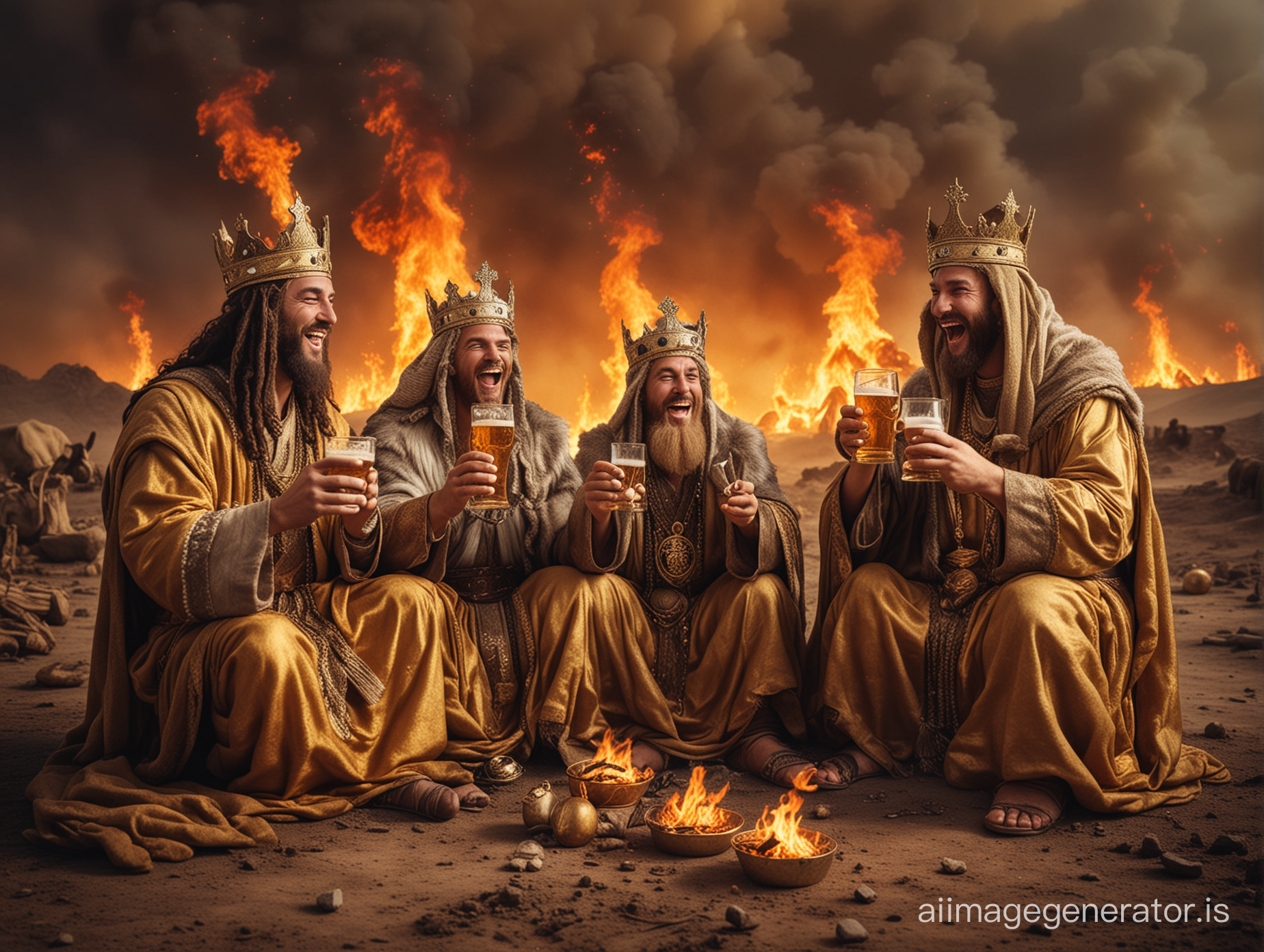 три короля пьют пиво из своих золотых чаш и смеются на фоне горящей земли