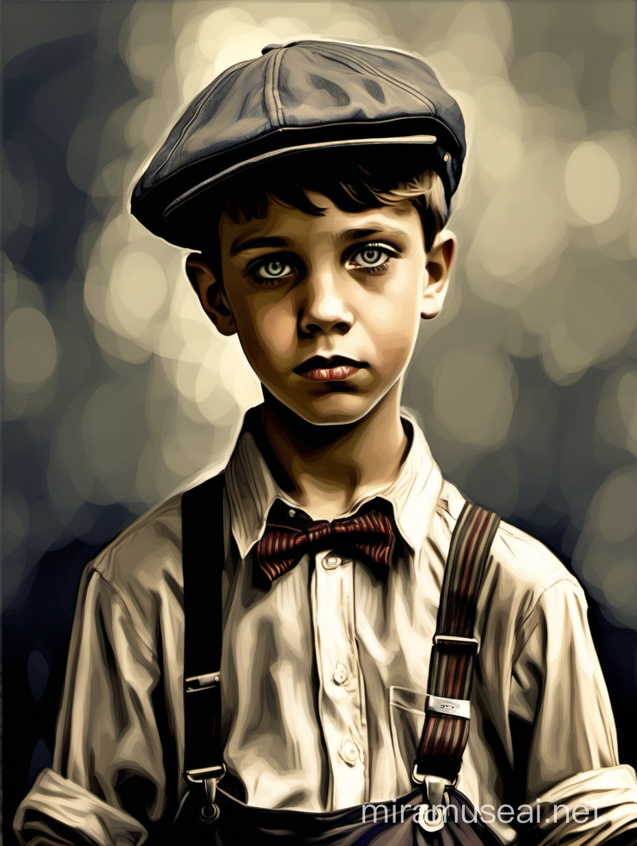 A portrait of a 11 years old 1920s boy. Working class, worn shirt, cap, suspenders. Short hair, sad eyes. digital painting