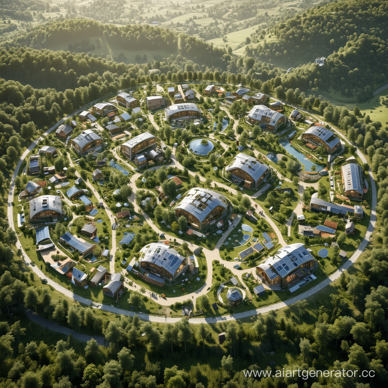plan of eco-village, equipped with AI, situated among the green hills and trees, eco-friendly, 3D