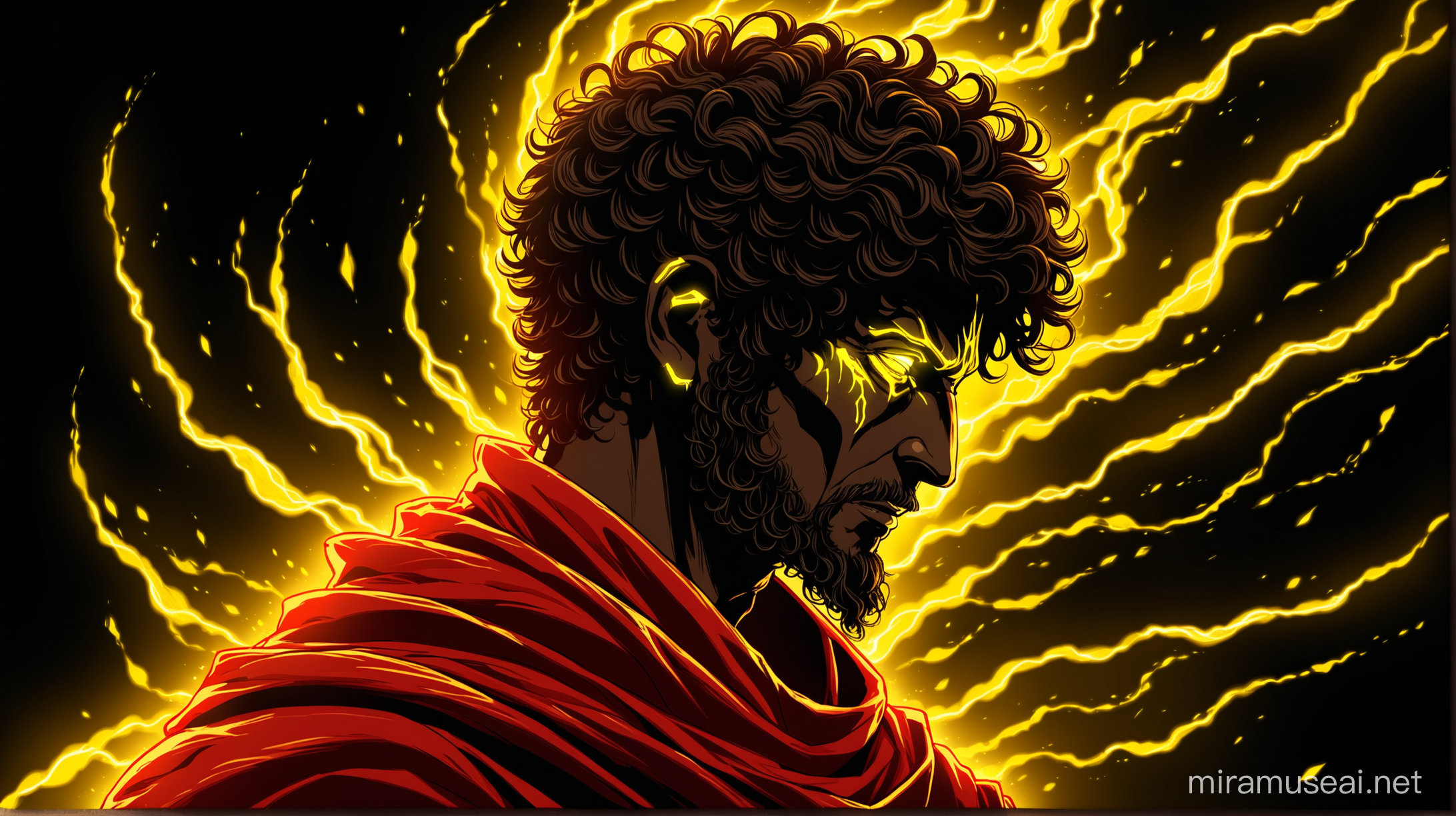 Neon YELLOW-RED Marcus Aurelius in a dark background with electifying yellow aura, Marcus Aurelius doesn;t have skin colors, There are many shadows on his face it's very detailed, he has red cloak and is faced side view